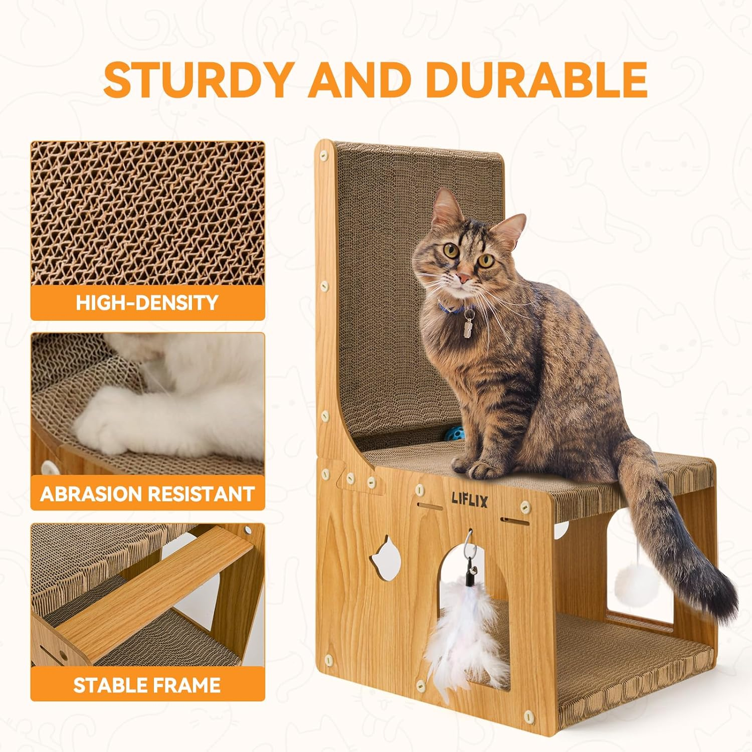 LIFLIX Double-Layer Cat Scratcher, L-Shaped Cardboard Cat Scratching Post with Toys, Cat Scratcher & Hideaway for Indoor Cats to Scratch, Rest, Stretch and Play image number 4