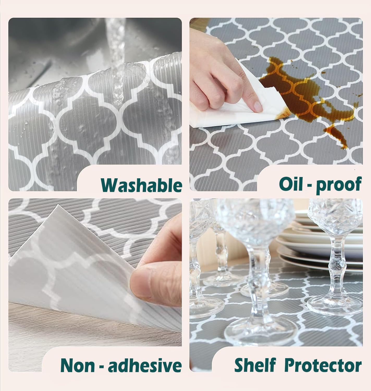 Drawer Liner 17.4&times;236.2In, Non-Adhesive Shelf Liner Quatrefoil Printing EVA Washable Fridge Mats Roll for Kitchen Cabinets Tableware