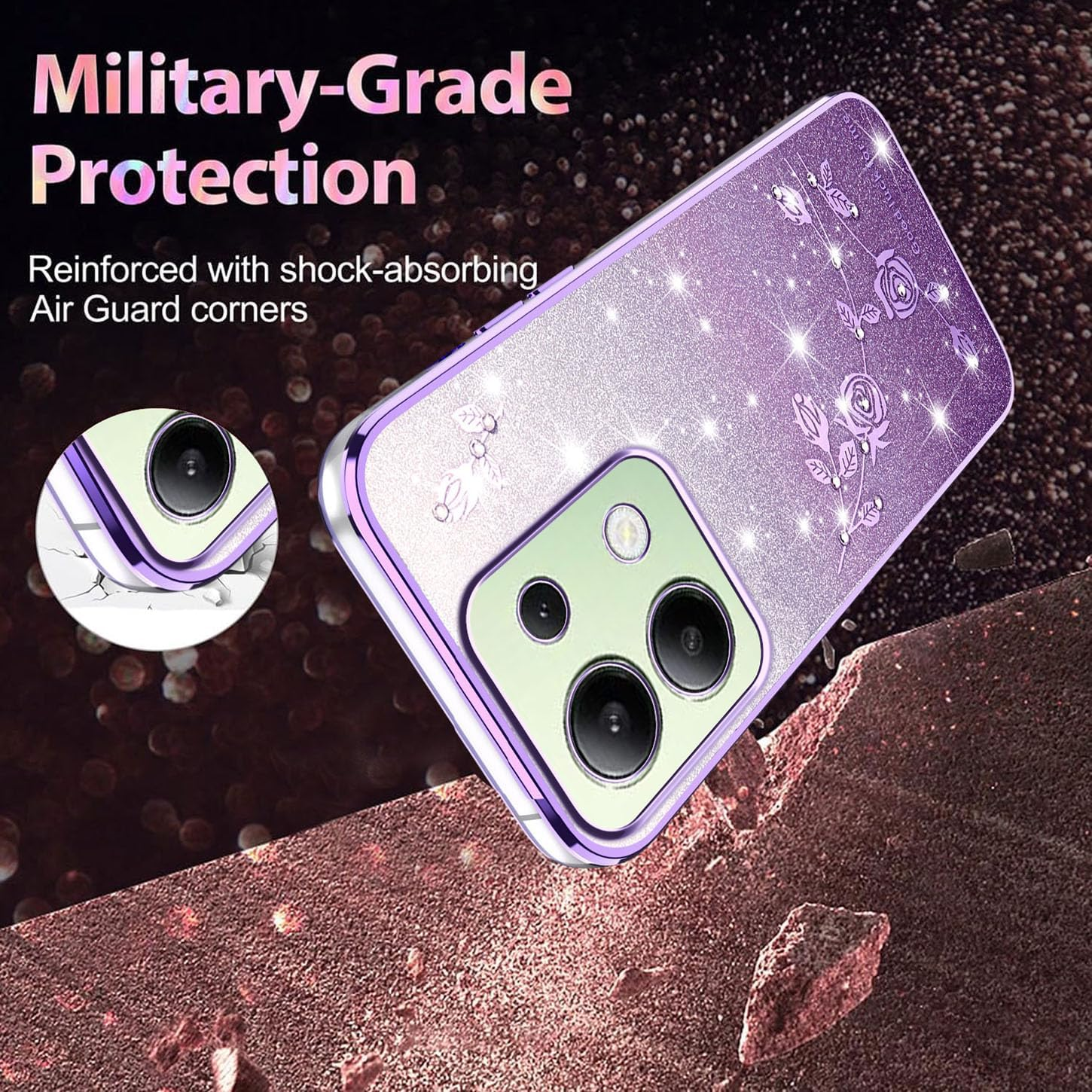 ILING Girls Case for Xiaomi Redmi Note 13 4G, Bling Gradient Color Back + Elegant Rose Pattern + Glitter Rhinestones Inlaid, Ultra Thin Soft Silicone TPU Shockproof Cover (Purple) - Pink image number 2