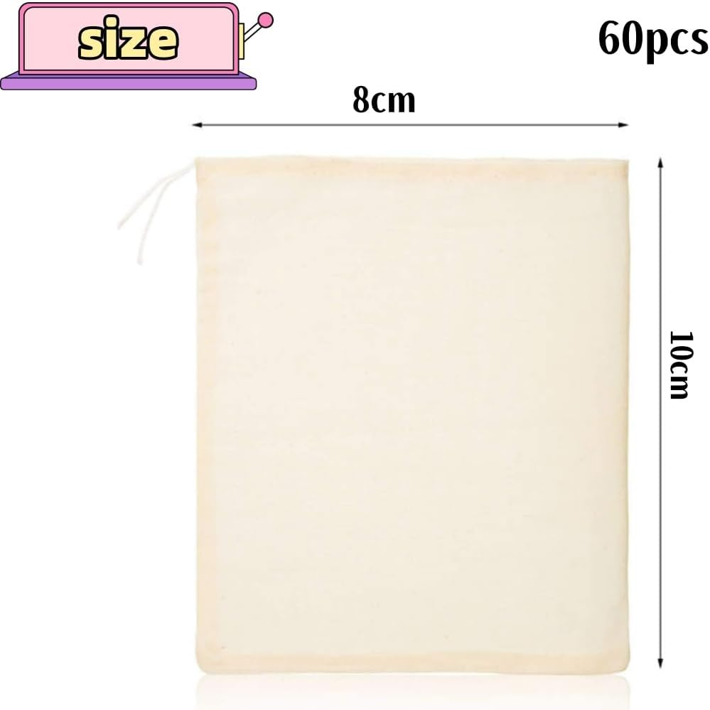 60 Pieces Spice Bags for Cooking Cheesecloth Bags for Straining Reusable Empty Tea Bags Drawstring Soup Bags Muslin Bags (8 X 10 CM) image number 4