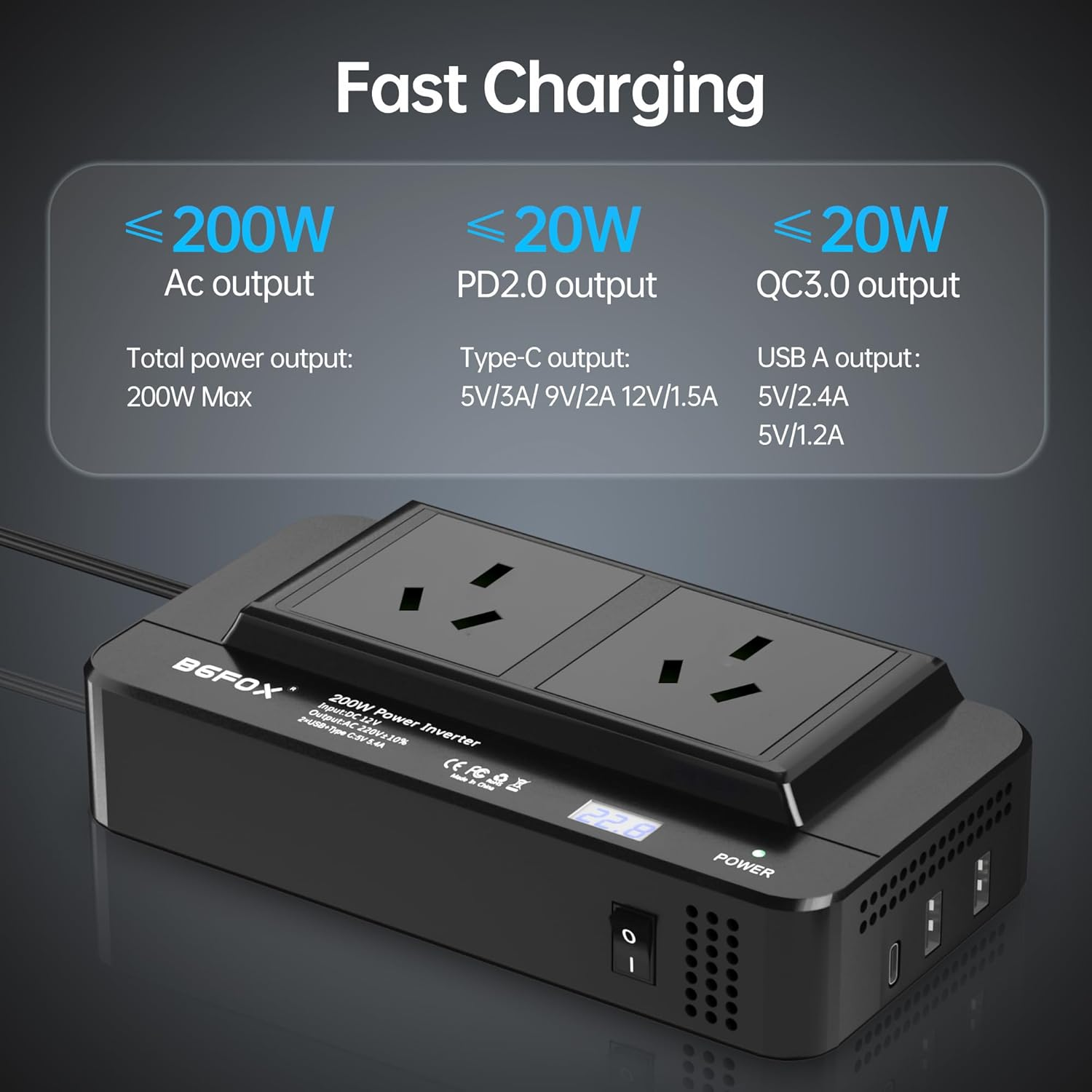 BGFOX 200W Car Power Inverter, 6-In-1 DC 12V to 240V / 230V AC Voltage Converter with 2 AC Outlets / 18W USB-C and 4.8A Dual USB Ports / 12V Car Cigarette Lighter Socket - Black image number 1