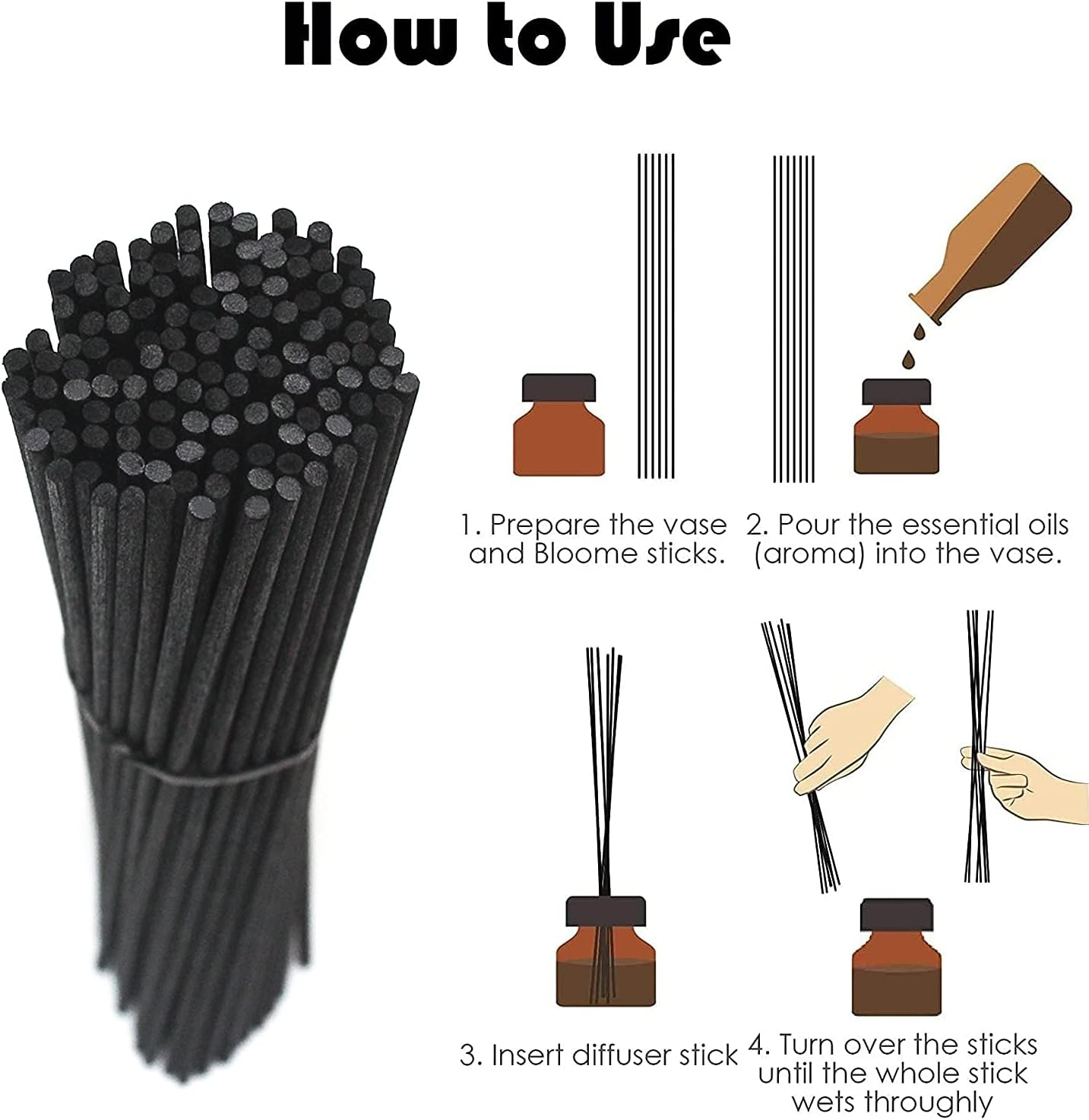 Reed Diffuser Sticks 150Pcs Natural Fibres Essential Reed Sticks Oil Aroma (24 Cm X 3 Mm, Black) image number 3