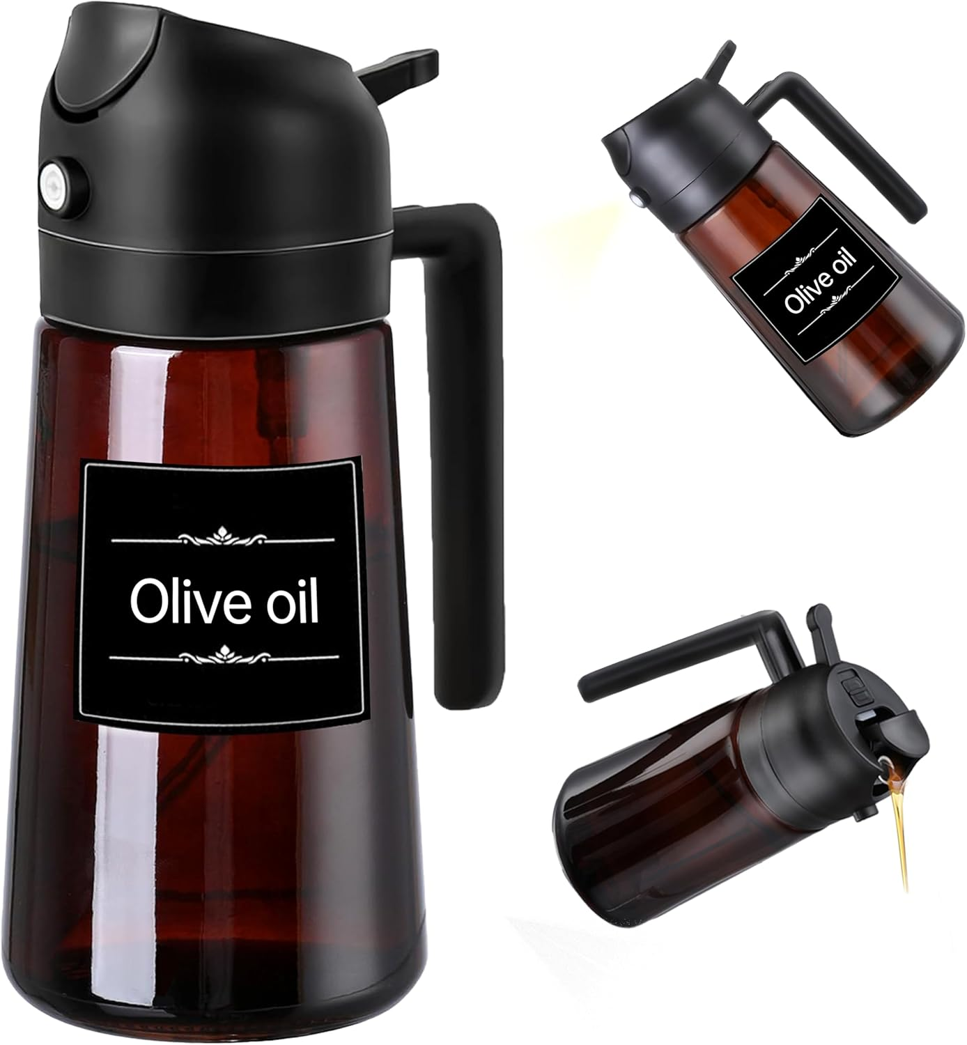 LYCIDAE Oil Sprayer, 2-In-1 Oil Spray Bottle & Dispenser, 16Oz/470Ml Sunlight-Resistant Glass Bottle with Pourer, for Cooking, Salad, Frying, BBQ (470Ml-Black)