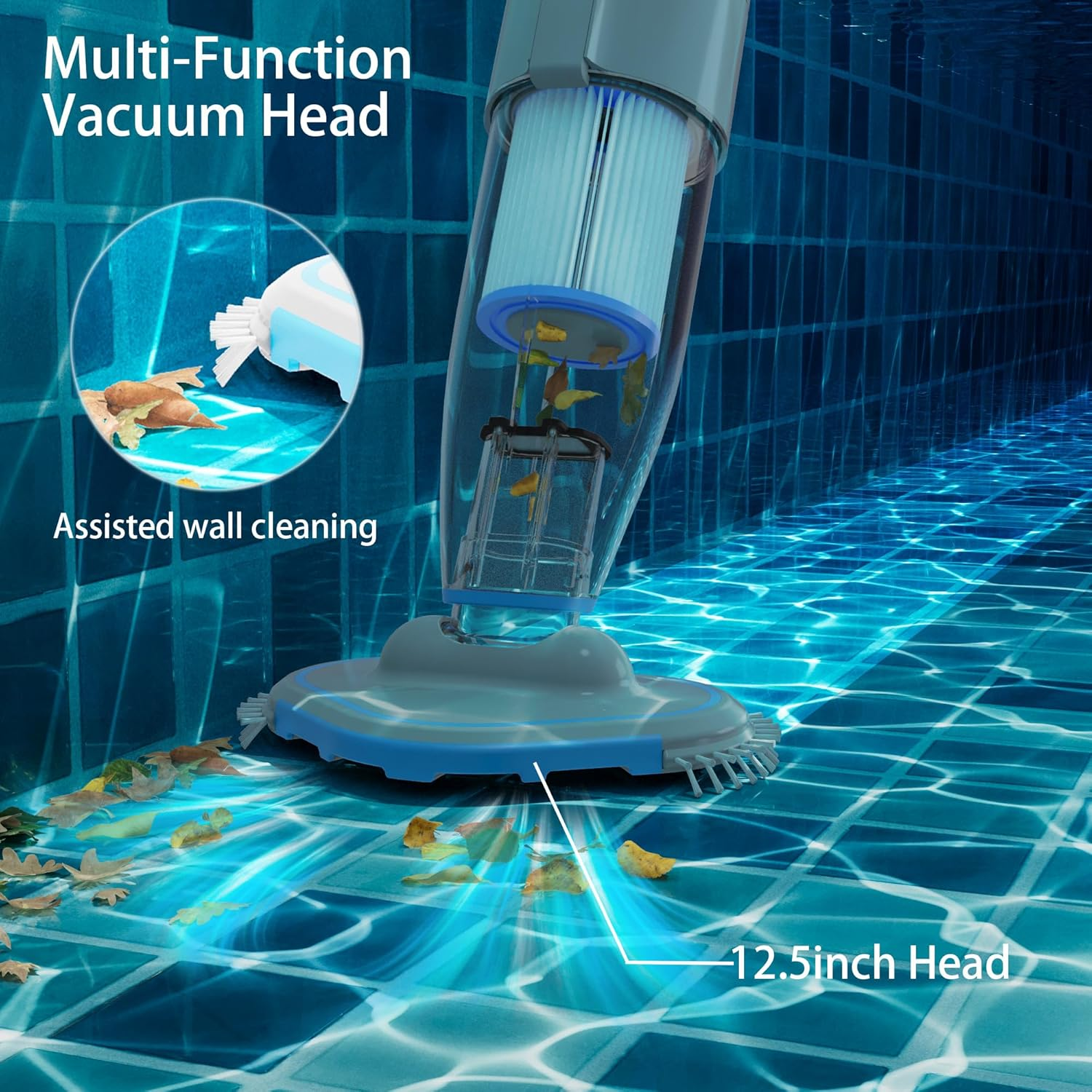 Cordless Pool Vacuum Cleaner, 120L/M Ultra Powerful Suction, Rechargeable Handheld Pool Vacuum for Inground Pools & above Ground up to 120M2 (Pool Stomach 50), with Dual Filters Into image number 2