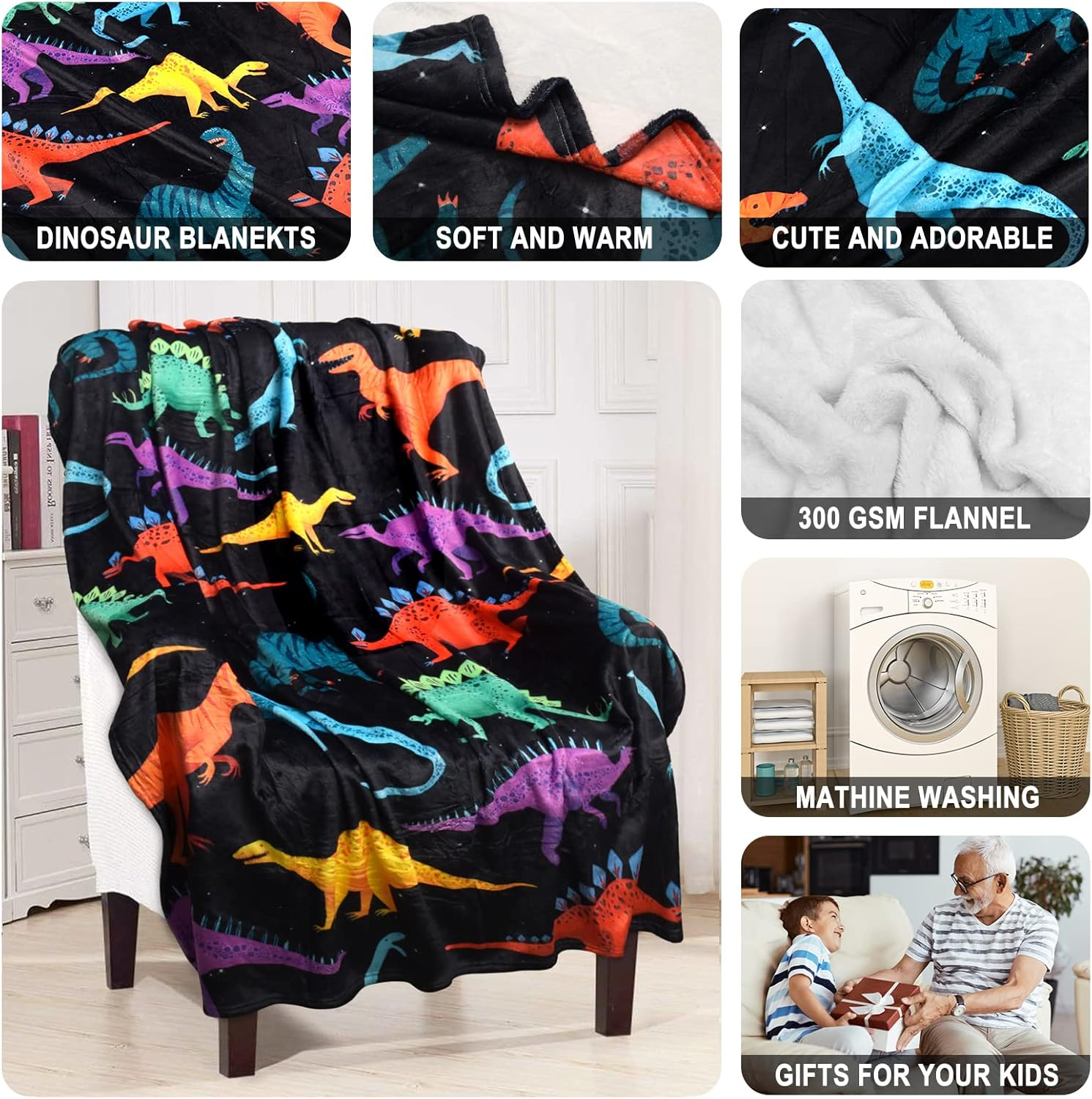 Kids Dinosaur Throw Blanket for Boys Girls, Cute Dinosaurs Blanket for Sofa Bedroom Living Room - 40X50 Inches Black Blanket Dino Perfect Kids Gifts for Boys Girls Christmas Birthday Gift image number 2