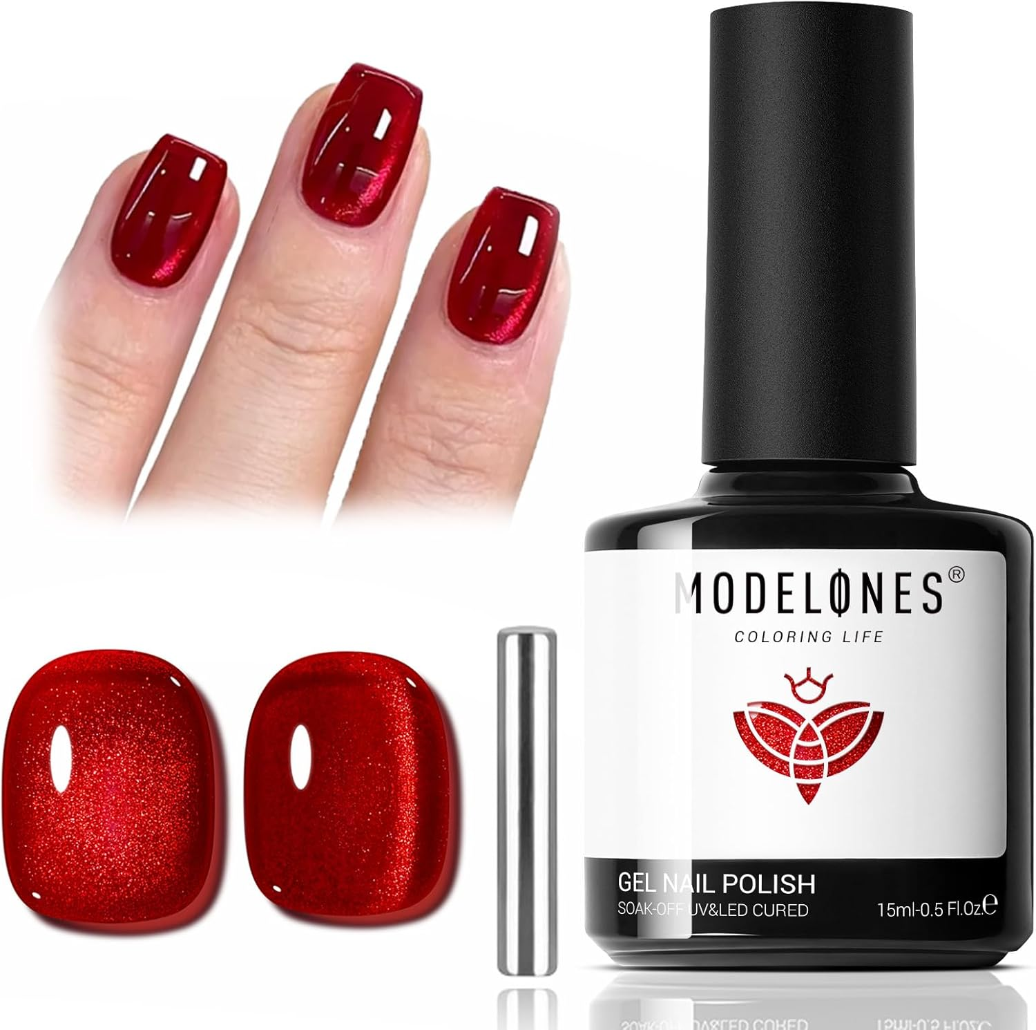 Modelones Cat Eye Gel Nail Polish,15 ML Glitter Red Gel Polish Magnetic Gel Burgundy Red Sparkle Bloody Nail Polish Reflective Translucent UV Ge Art DIY Salon for Girl Women image number 2