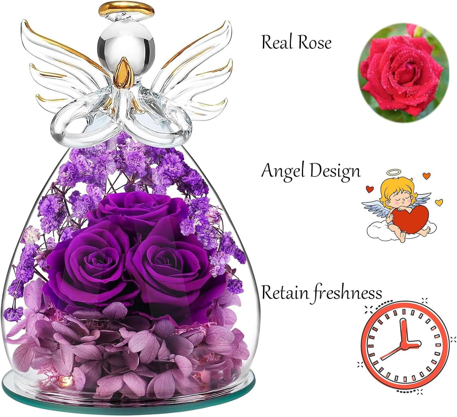 Shgarden Angel Rose Figurines Gifts for Women, Preserved Flowers Rose Gifts in Glass Angel Figurine, Mom Wife Daughter, Forever Real Rose Gifts for Women SH0086 (Blue) image number 2