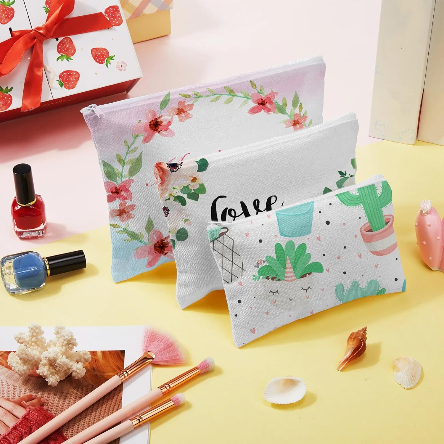 Frienda 50 Pcs Sublimation Blank Canvas Makeup Bags Bulk DIY Heat Transfer Canvas Pen Case Pencil Cosmetic Makeup Bags Clear Sublimation Blank Pouch with Zipper (3 Sizes,White)