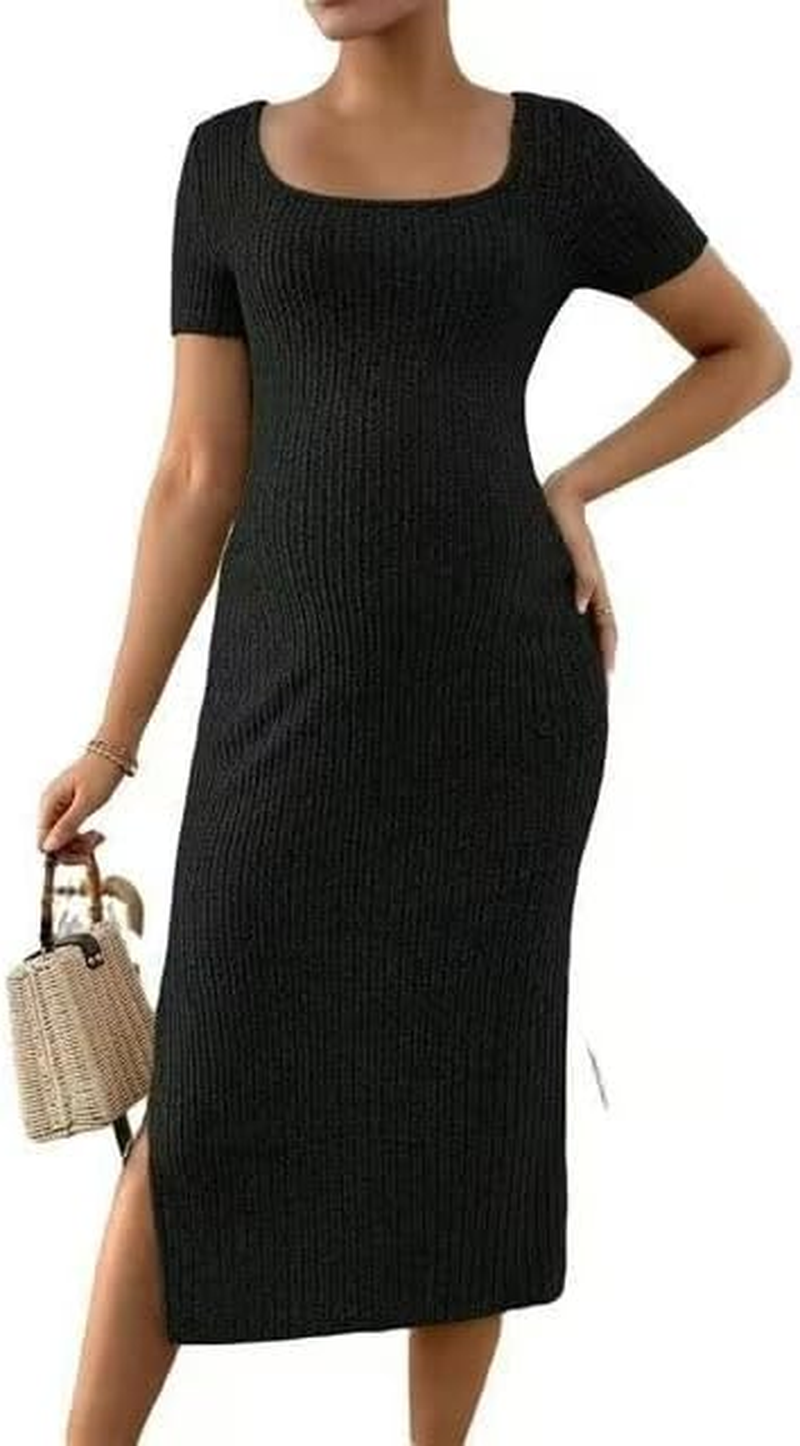 COSYOU Women'S Ribbed Knit Maternity Casual Long Dress 2025 Autumn New Side Split Pregnancy Clothes Outfits