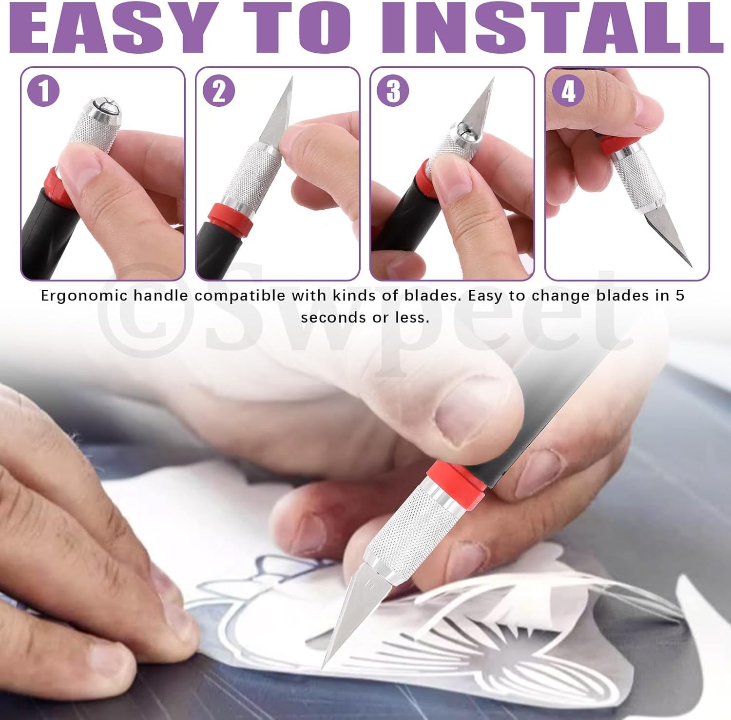 Swpeet 30Pcs Craft Knife, Red Precision Cutter Hobby Knife Blades Set Contains #1#2#4#7#10#11#12#17#19#20 Blades, Hook/Pointed Blades, U/V Gouge, Knife Handle, Needle, Sandstone, Tweezer for Art Work image number 5