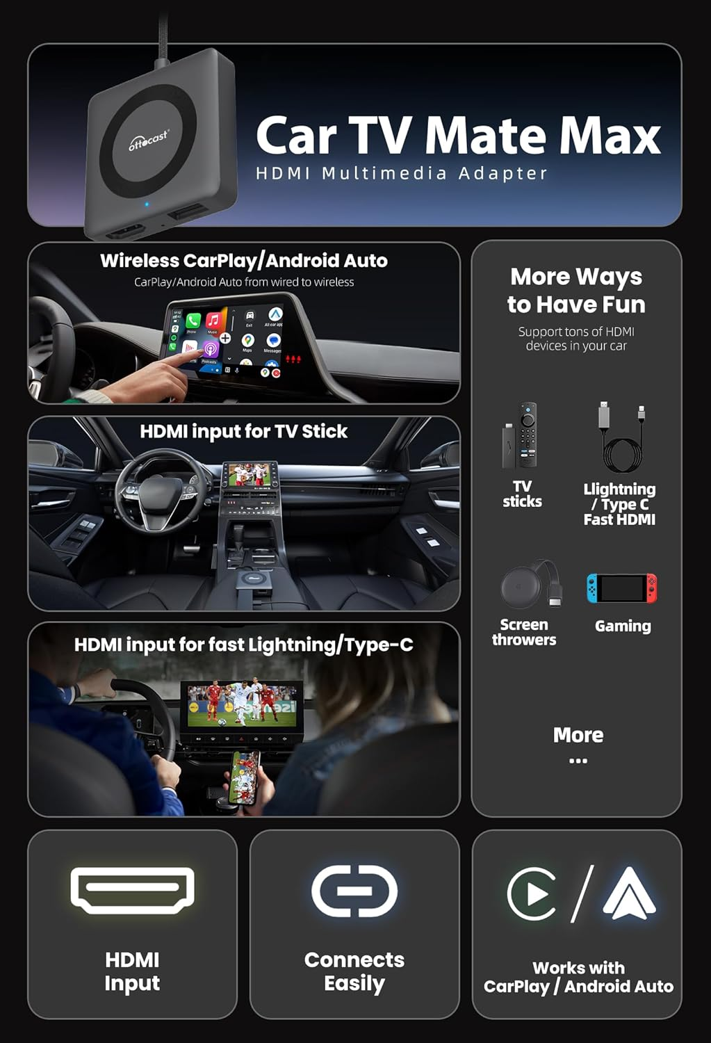 OTTOCAST Cartv Mate Max & Wireless Carplay Adapter & Wireless Android Auto Adapter for Apple Iphone Android Phone 3 in 1, Convert Car Screen to TV, Watching Videos Movies on Car Screen from TV Stick