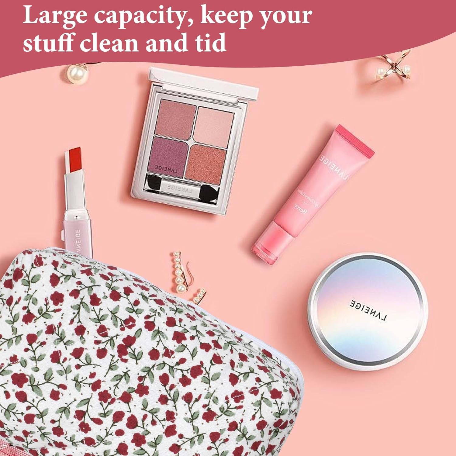 Travel Cosmetic Bag, Cosmetic Bag, Aesthetic Flowers, Quilted Toiletry Bag, Women'S Floral Toiletry Bag, Make up Bag, Aesthetic, with Zip, for Beauty Utensils, Red, Fashion image number 5