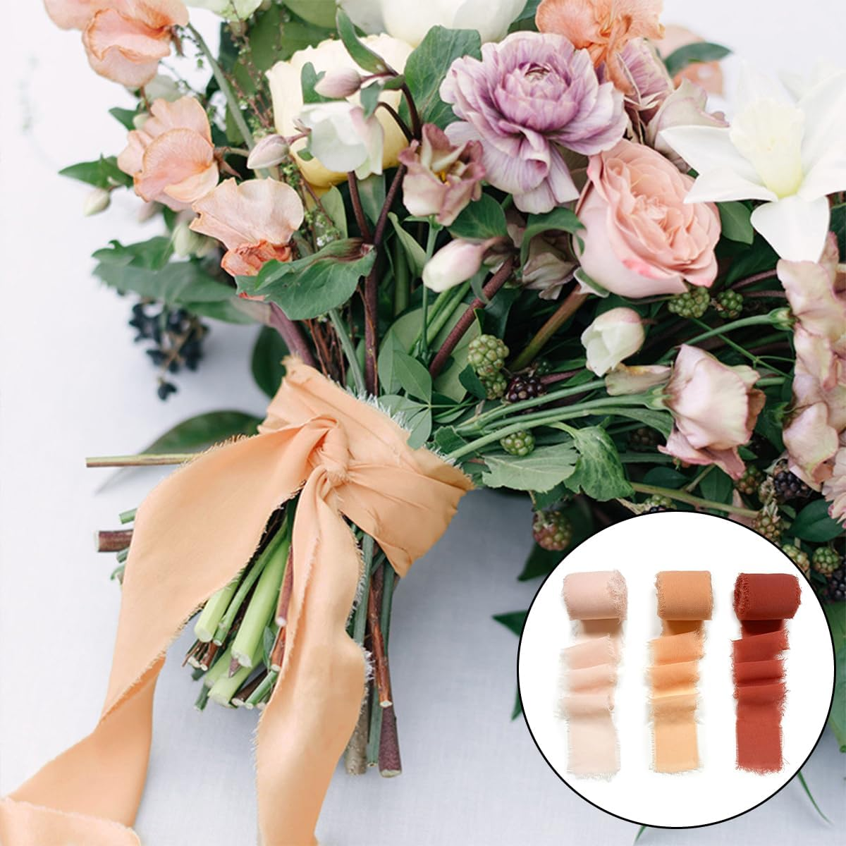 Chiffon Ribbons, 3 Rolls Handmade Fabric Chiffon for Wedding Invitation, Flower, Bouquet, Gift Wrapping, DIY Crafts (4Cm X 5M/1.57In X 16Ft) image number 2