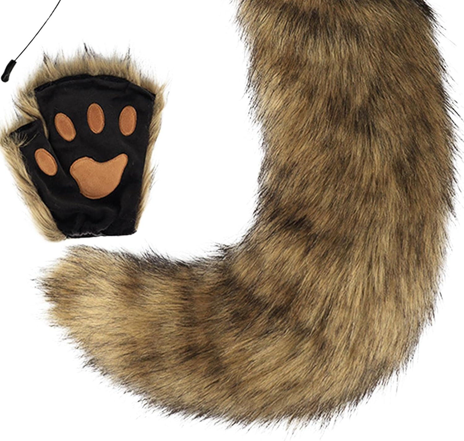 Fox Ears and Tail Set Plush Wolf Ears Hair Clip with Gloves, Plush Costume for Kids Adults Hair Hoop for Prom, Dance, Funny Gifts Dress Up, Coffee - Coffee image number 3