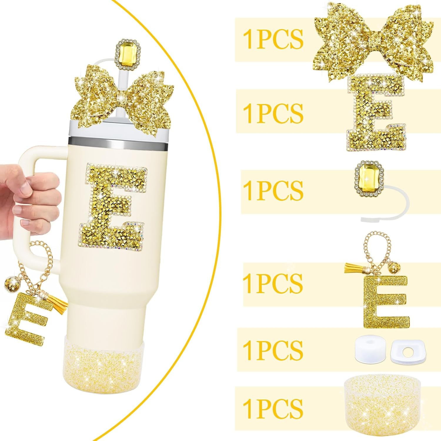 7PCS Bling Stanley Cup Accessories for 30Oz & 40Oz Tumbler with Handle,Including Initials Charms,Straw Bow Decorate,Straw Topper Cover,Boot,Spill Proof Stoppers,Initials Sticker (Gold E) - Gold C image number 6