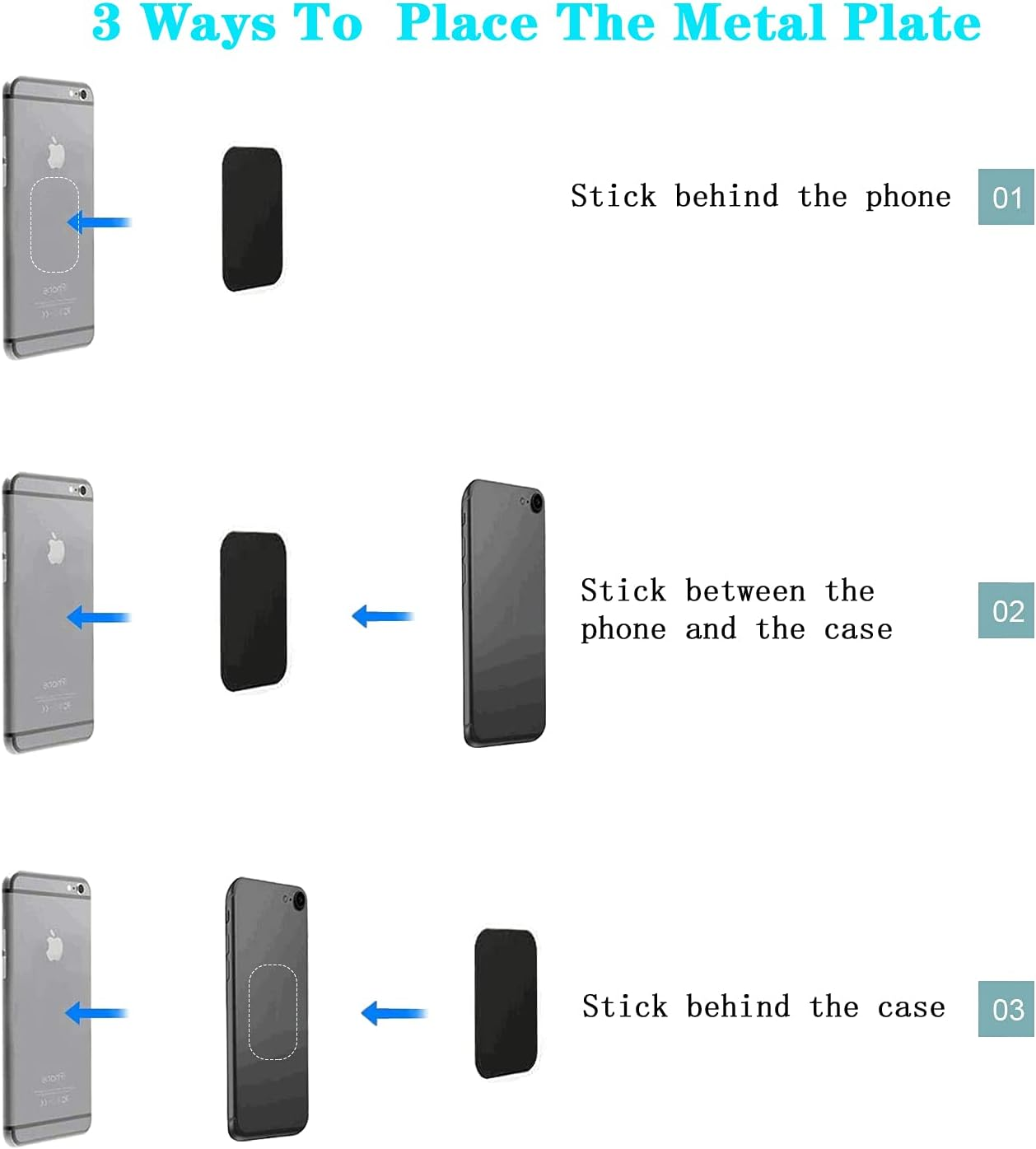 Pau1Hami1Ton Adhesive Thin Metal Plates(Compatible with Magnetic Mounts),4 Piece Metal Plates for Phone Case,(2 Rectangle and 2 Round) S-07N(Black+Silver) - 10Black image number 3