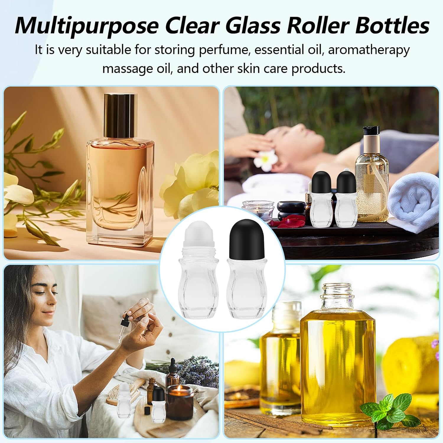 Yasdyri Empty Glass Roller Bottles 2 Pcs Black Clear Empty Glass Essential Oil Roller Bottles Empty Refillable Roll on Glass Bottles with Refillable Containers Tools and Accessories (30ML) image number 3