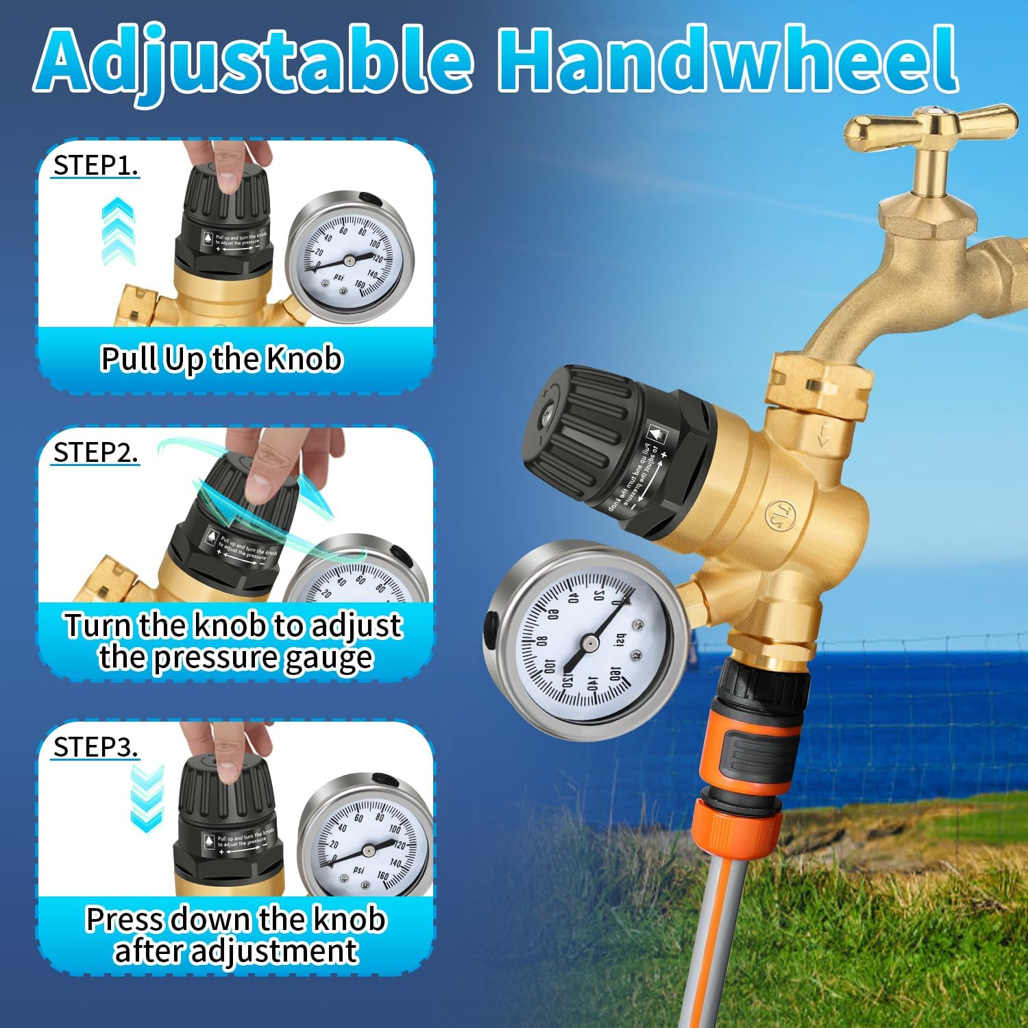 Adjustable Handle RV Water Pressure Regulator with Gauge, Upgraded Lead-Free Brass Water Pressure Regulator for RV Camper, Hose Pressure Regulator Reducing Valve, Fit for RV Camper Travel Trailer image number 3