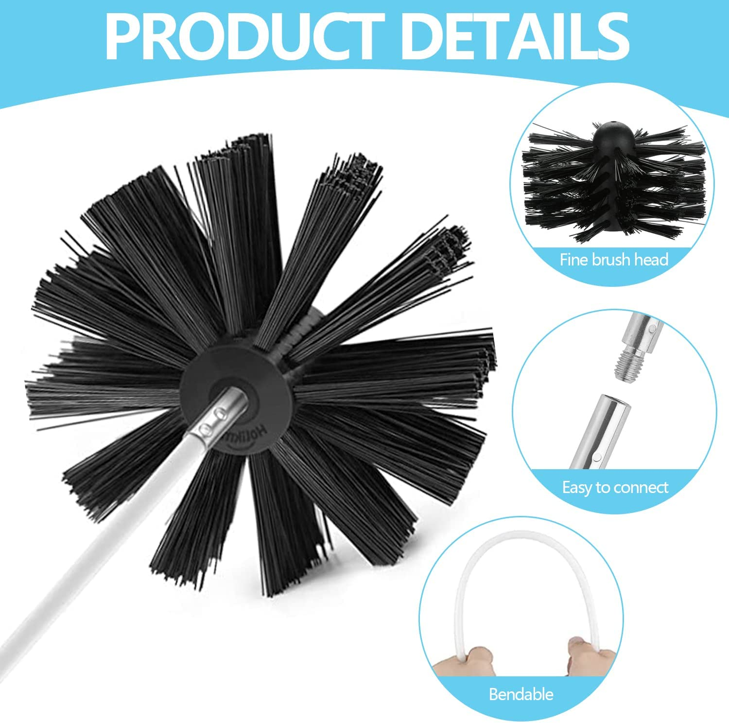 21.5Ft Chimney Cleaner Brush Kit, Duct Vent Rotary Cleaning Set,With 16 Flexible Rods, Brush Head, Gloves, Hexagonal Bar Chimney Sweep Kit for Fireplace/Dryer Vent/Sewage Pipe (Sets of 19Pcs) - Sets Of 12Pcs image number 3