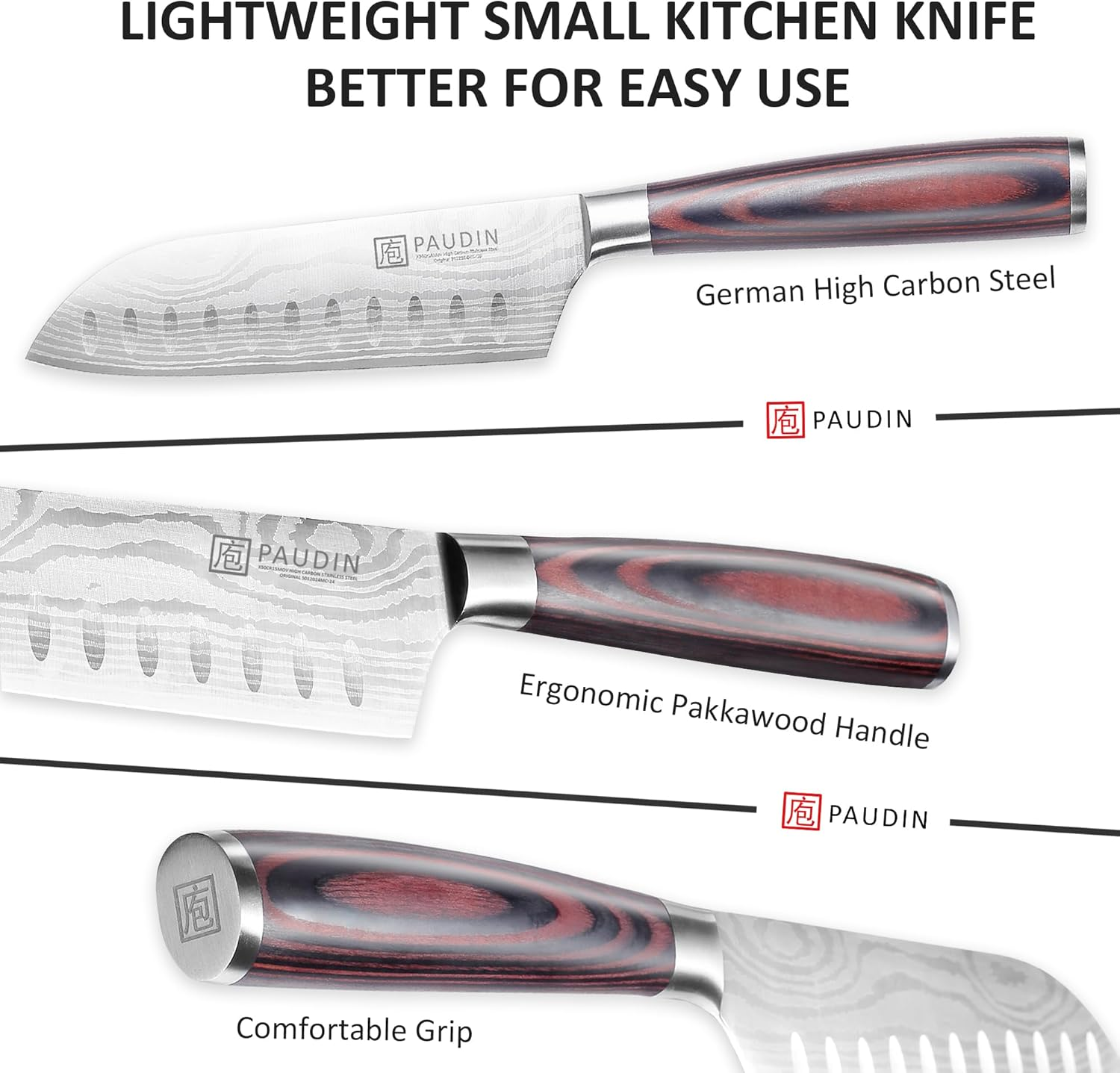 PAUDIN 5 Inch Santoku Knife, Ultra Sharp High Carbon German Stainless Steel Blade with Ergonomic Handle, Professional Kitchen Knife for Cutting Vegetables,Fruits and Meat image number 1