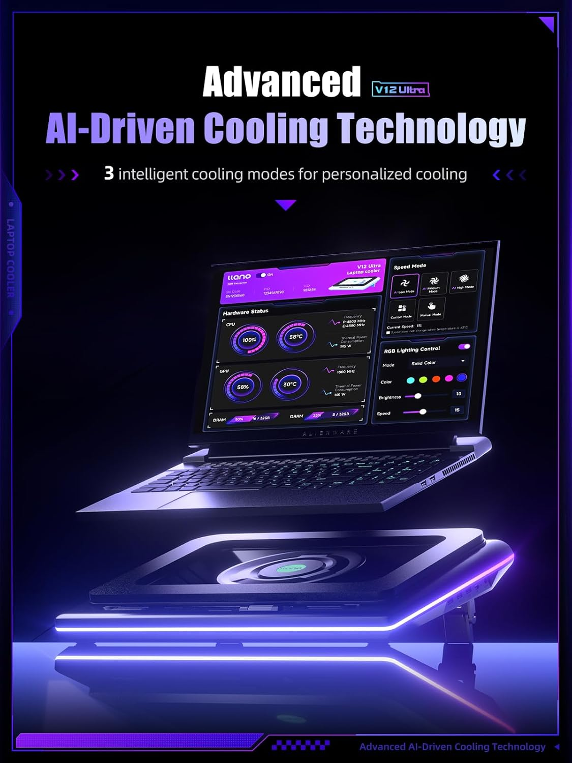 Llano V12 Ultra Laptop Cooling Pad with Smart Software Control, RGB Gaming Laptop Fan Cooler Stand, 5.5" Turbo Fan, Adjustable Speed, 3*USB 3.0 Ports, 3 Height Stands, for 15.6"-19" Laptops, Black image number 1