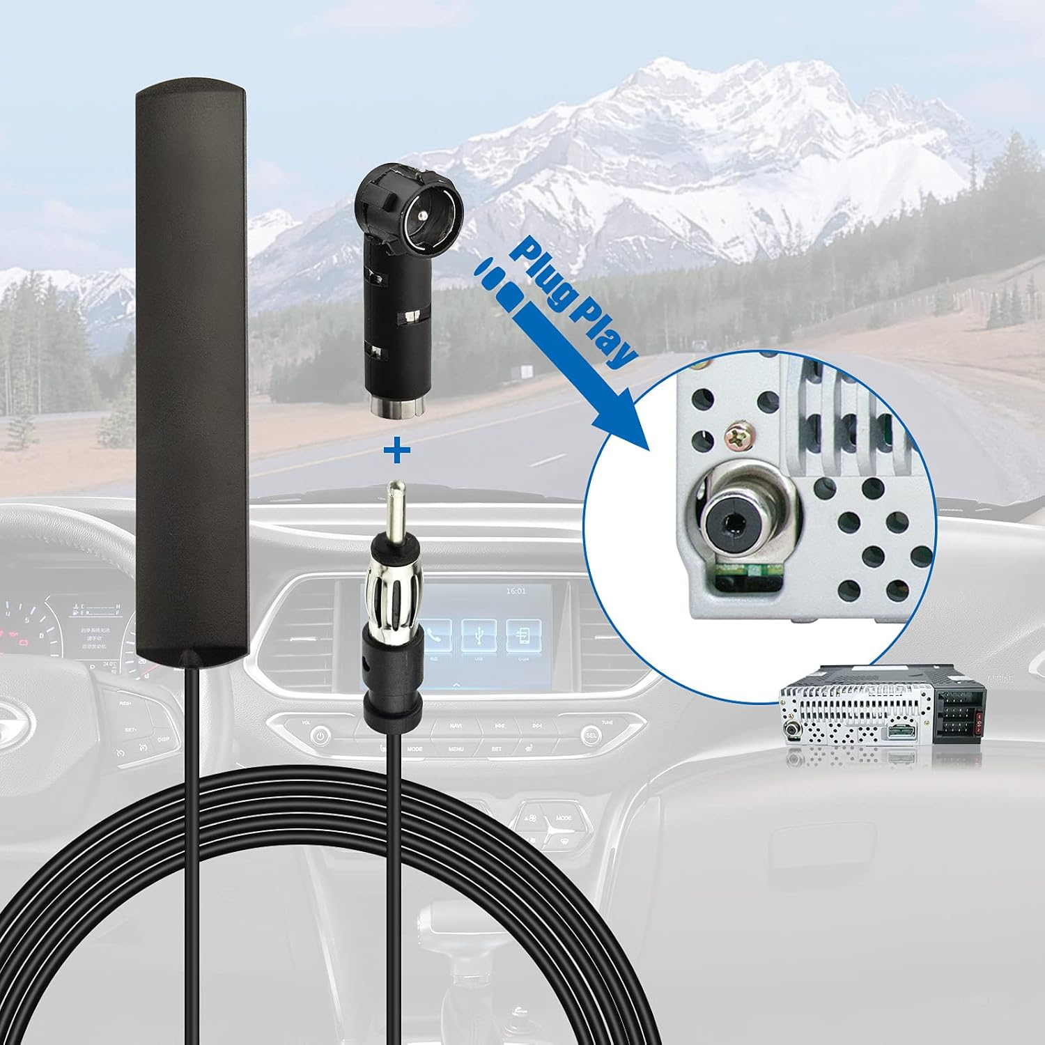 Eightwood Car Stereo FM Radio Antenna, Hidden Windshield Antenna, DIN Plug Adhesive Patch Antenna + DIN Female to ISO Adapter for Vehicle Car Truck Stereo Receiver Head Unit FM HD Radio image number 3