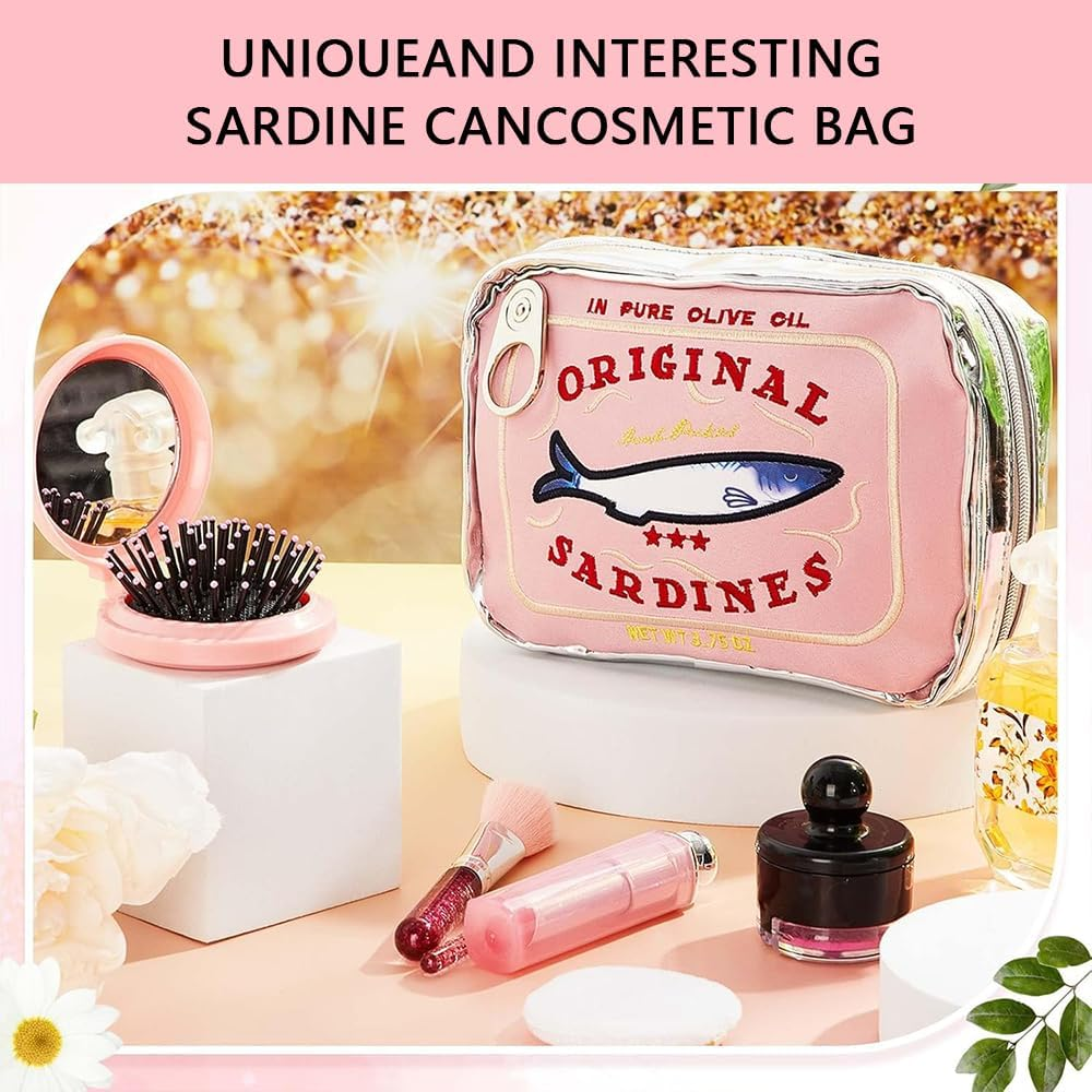 Canned Sardines Makeup Bag &ndash; Cute Kawaii Cosmetic Pouch, Funny Waterproof Travel Toiletry Bag for Women, Creative Fish Design Pencil Case Organizer (Blue) (Pink) image number 4