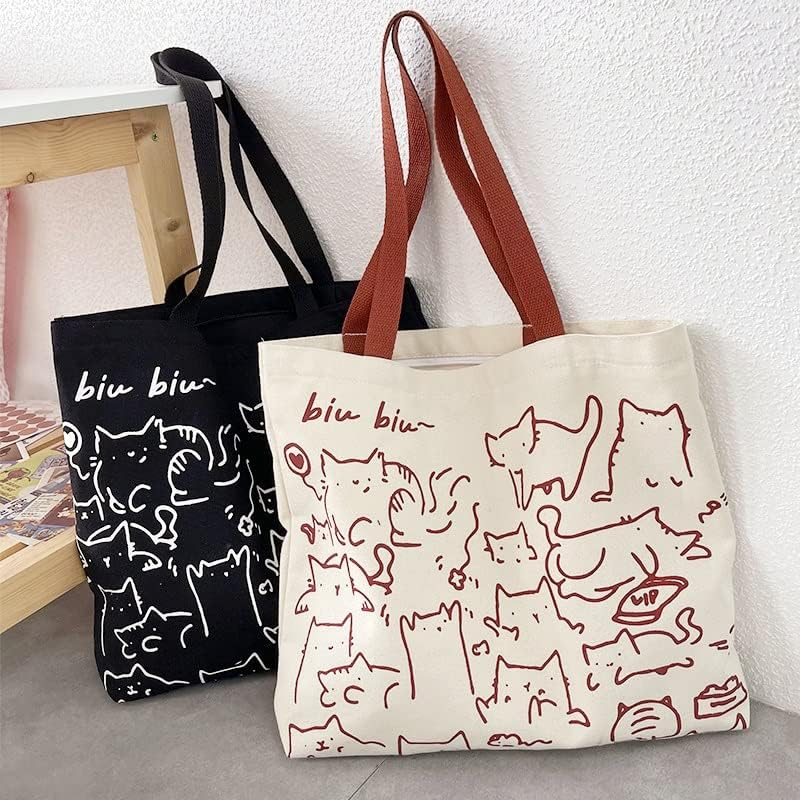 Cat Canvas Tote Bag, Large Cute Tote Bag for Women with Zip, Cotton Reusable Shopping Bag with Pocket, Shopper Bag Cat Lovers Gift image number 2