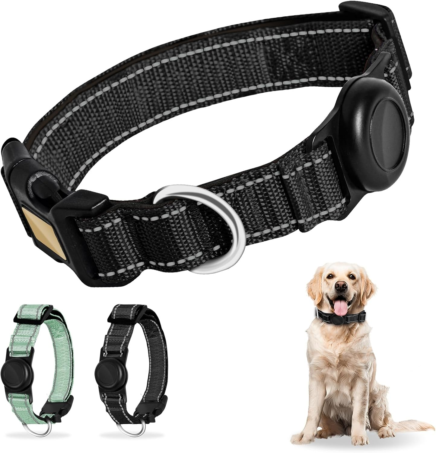 Enbluy Reflective Dog Collar, Soft Neoprene Padded Breathable Nylon Pet Collar Adjustable with Airtag Dog Waterproof Airtag Dog Collar Holder for Medium Large Dogs (Green, L)