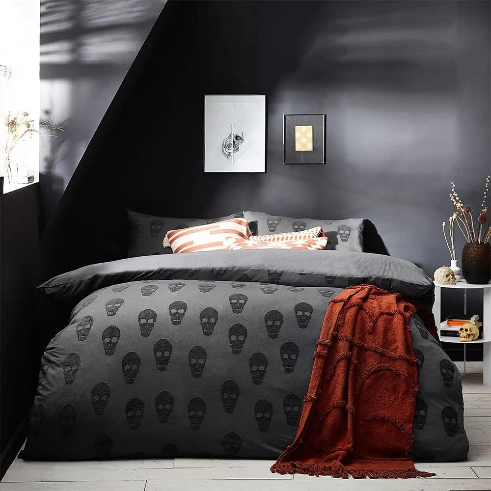Yard the Linen Skulls Super King Duvet Cover Set, Cotton, Charcoal image number 1