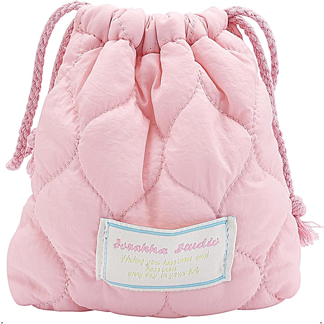 TUCEWP Cotton Quilted Drawstring Makeup Bag Small Cosmetic Bag Preppy Portable Toiletry Pouch for Purse Cute Pink Travel Organizer Bags Aesthetic Mini Storage Bags for Women Girls Kids Mama Gift