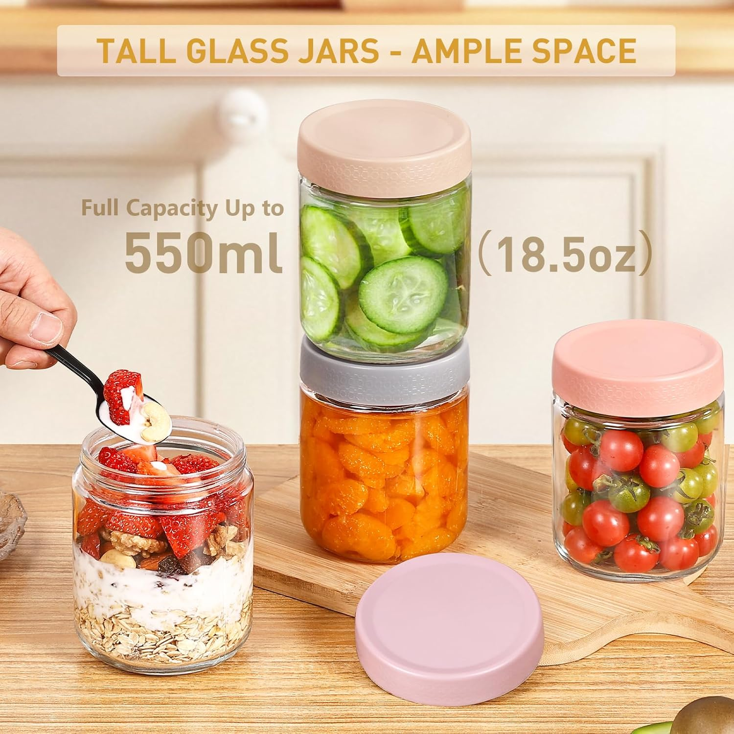 Feshory 6 Pack Overnight Oats Container Jar with Lid - Glass Food Storage Containers - Meal Prep Container for Salad, Spice, Snacks, Dressing Sauce (6X550Ml) image number 1