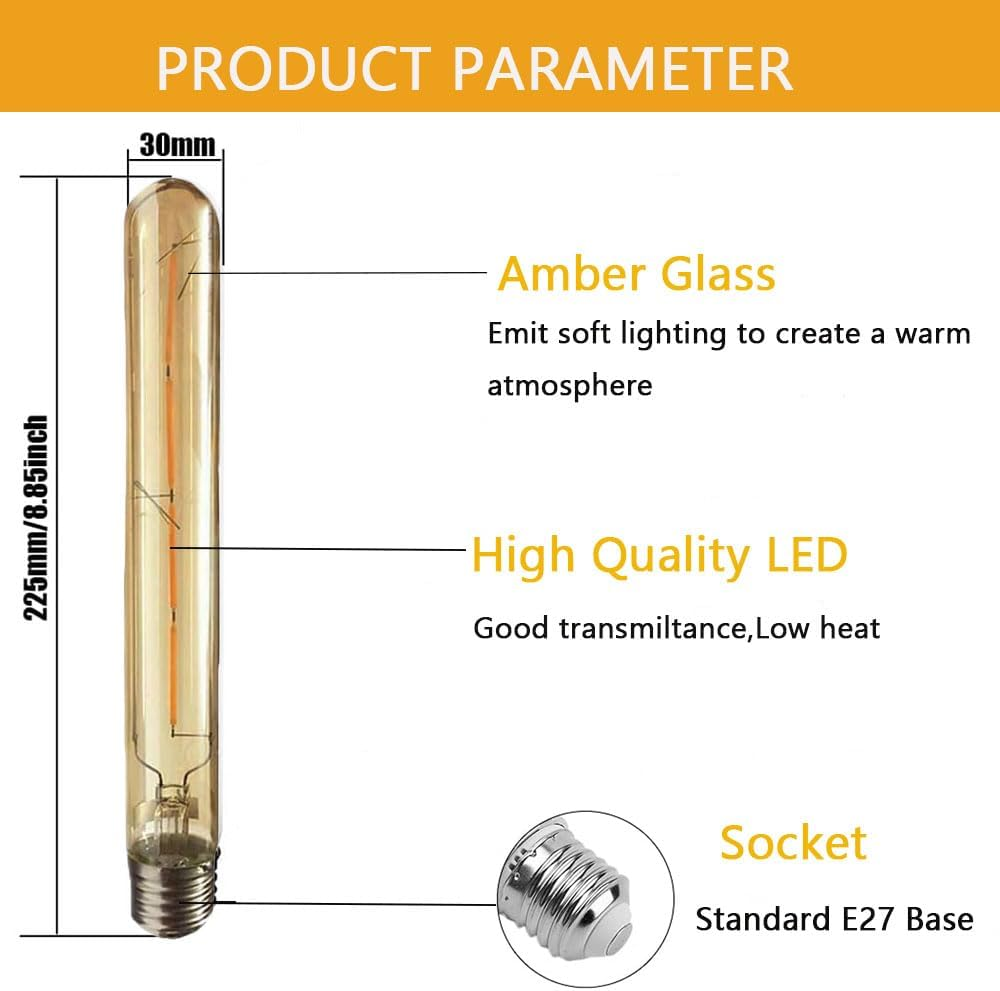 WULUN 4 Model T30 LED Vintage Filament Light Bulb, Tube Lamp with E27 Socket, 4 W Replaces 40 W Incandescent Bulbs, Amber Glass, 2700 K Warm White, AC 220-240 V, Not Dimmable image number 6