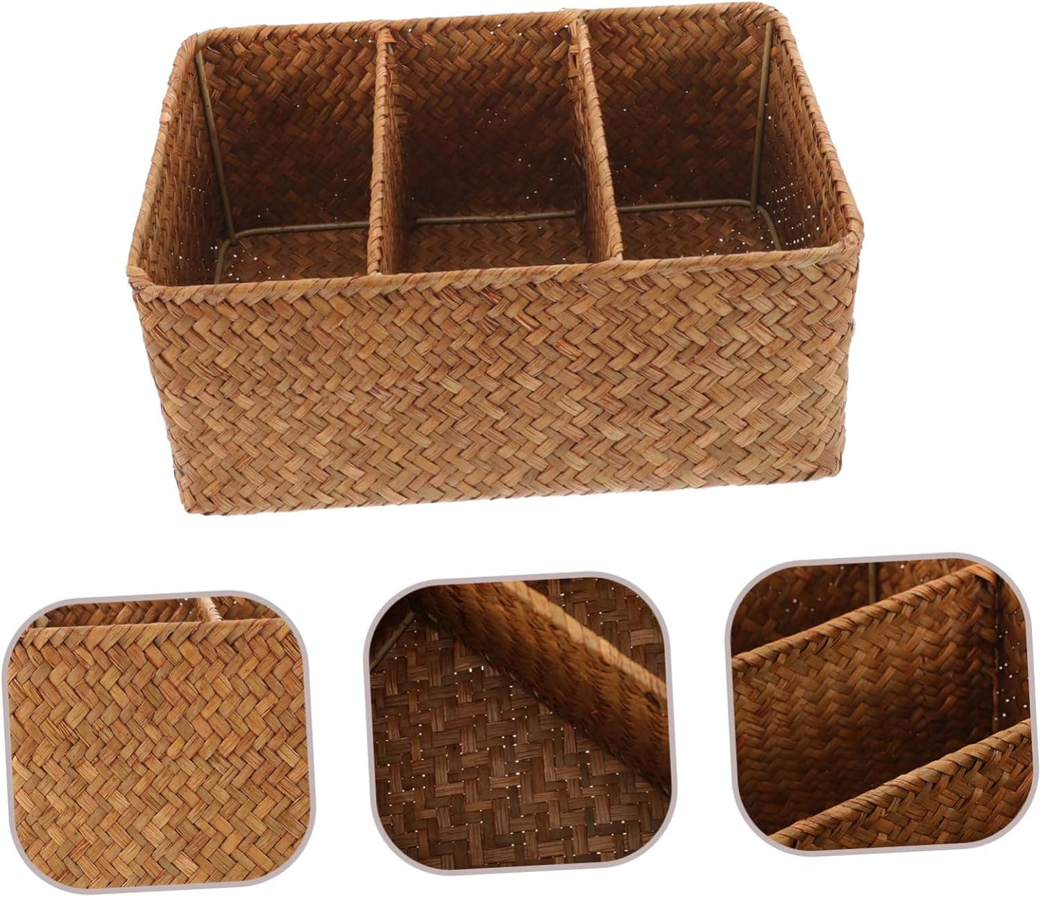 Hohopeti 3-Compartment Straw Woven Storage Basket, 28.5 X 18.5 X 13Cm, Natural Seagrass Organizer for Bathroom and Kitchen Counter, Divided Long Basket for Toiletries and Household Items image number 4