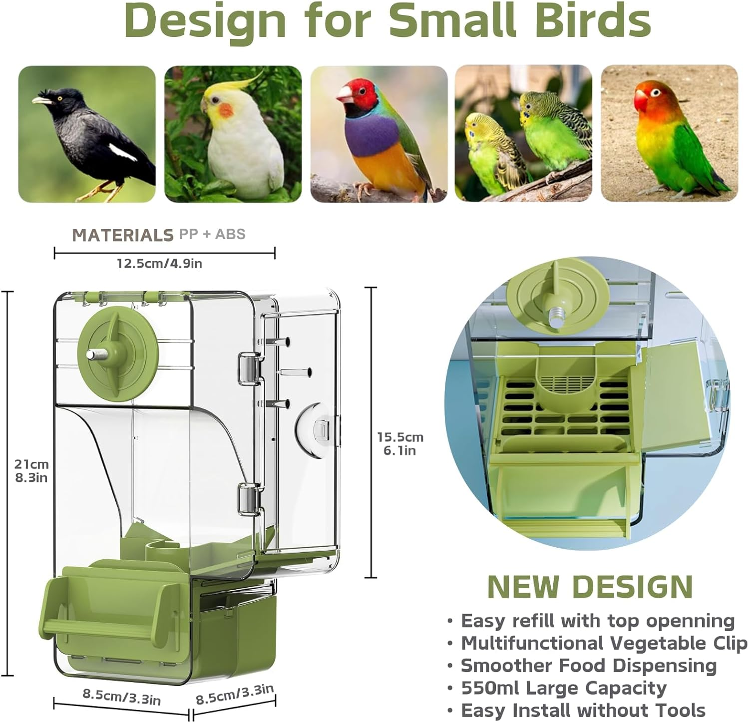 Automatic Bird Feeder, No Mess Bird Cage Feeder with Perch Multi-Functional Holder for Fruits Vegetables for Parakeet Canary Cockatiel Finch (Green)