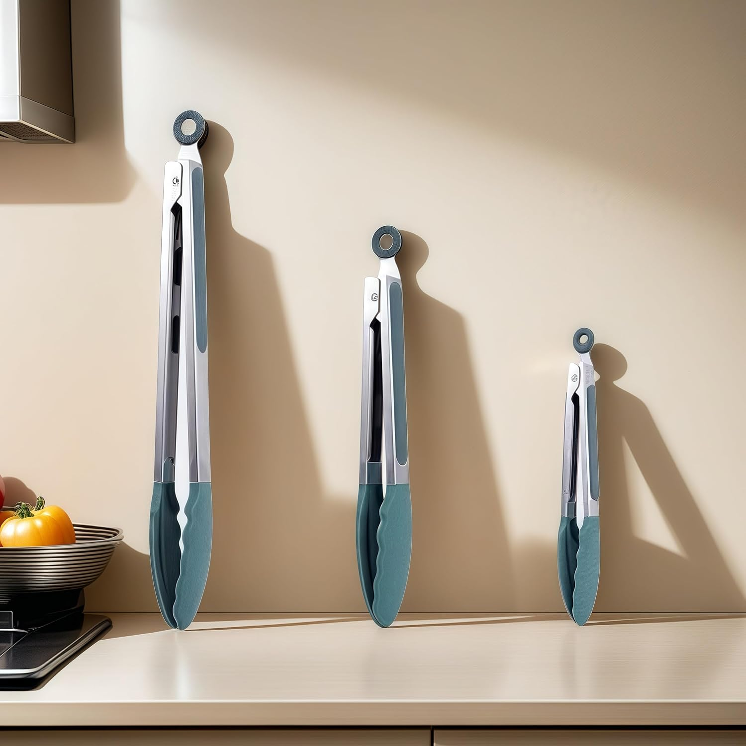 Kitchen Tongs Set of 3, Heat Resistant 250&deg;C, Stainless Steel with Silicone Tips, 21/26/32 Cm, Grey-Green image number 1
