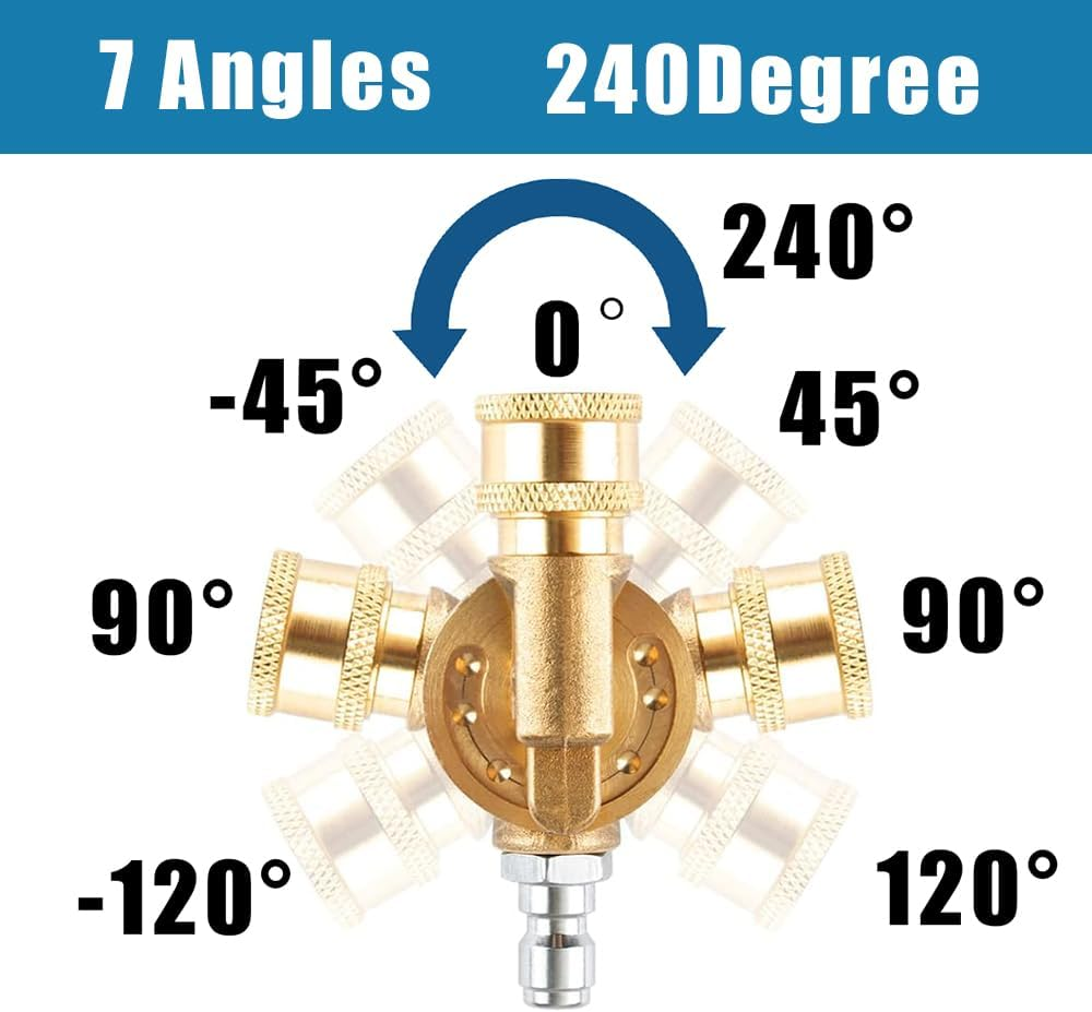 Yakamoz 7 Angles Pressure Washer Pivoting Coupler, 1/4&rdquo; Brass Quick Connect 240 Degree Gutter Cleaner Attachmen for Pressure Washer Tips(4500 PSI) image number 2