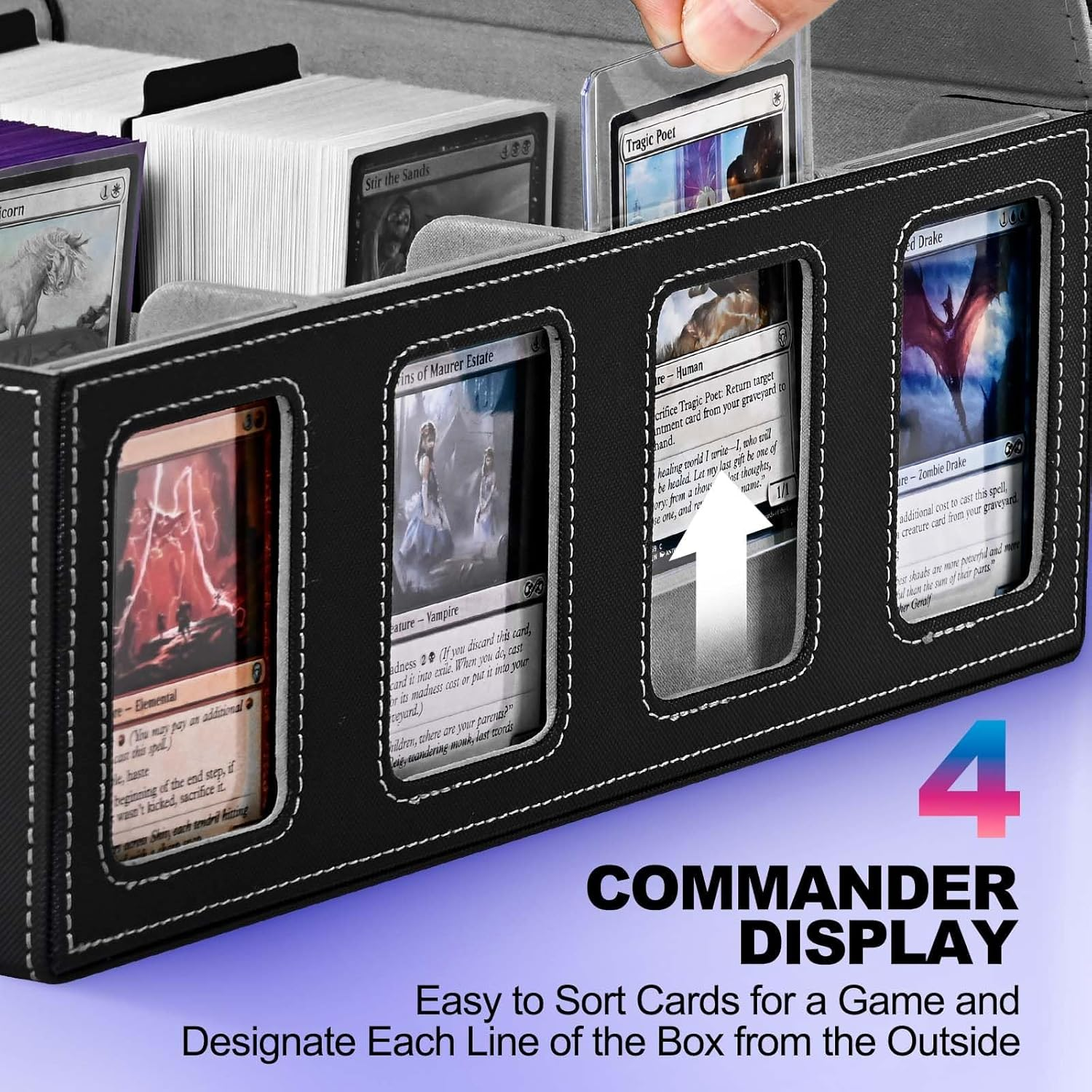 Cardnovux Trading Card Storage Box with Commander Display; 2400+ Deck Box for MTG with Removable Cover; Toploader Card Case Fits Magic TCG PTCG Sports Cards; 24 Dividers, 4 Stoppers (Black & Grey) - Black  Grey image number 2