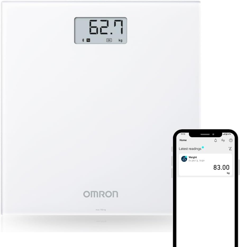 Omron HN300T2 Bluetooth Digital Weight Scale &ndash; Precision Body Weight Monitor with Auto Sync, Step-On Technology and Slim Glass Design &ndash; 150Kg Capacity