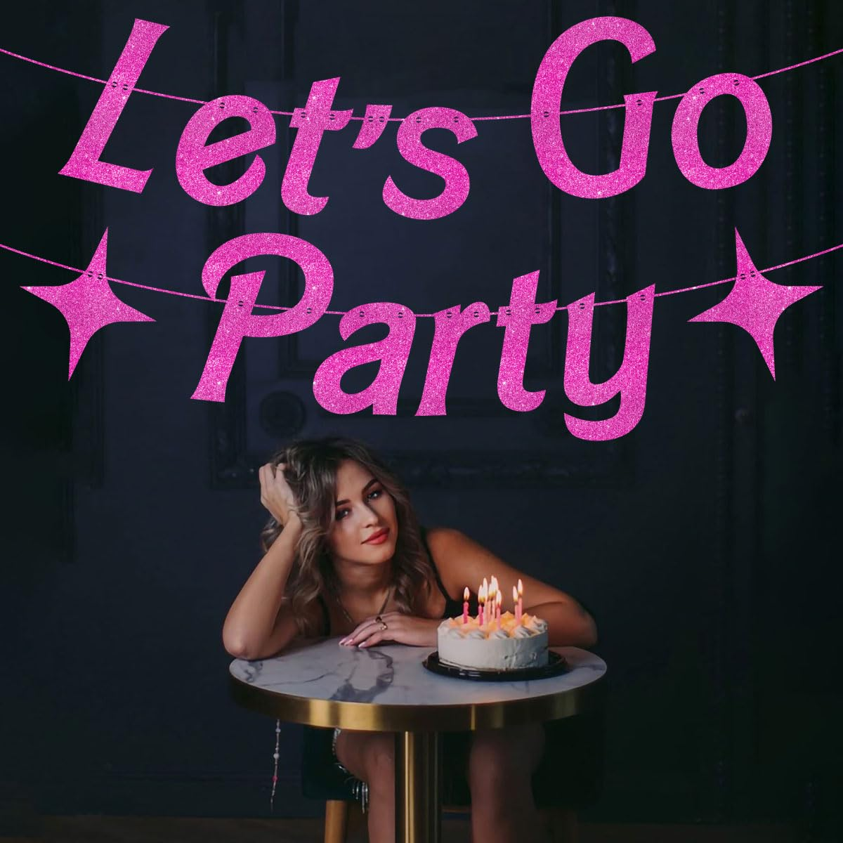 Let'S Go Party Banner Bachelorette Party Decorations, Glitter Hot Pink Party Decorations, 21St Birthday Banner Girl Photo Backdrop Props for Bachelorette Party Supplies (Pink) - Gold image number 2