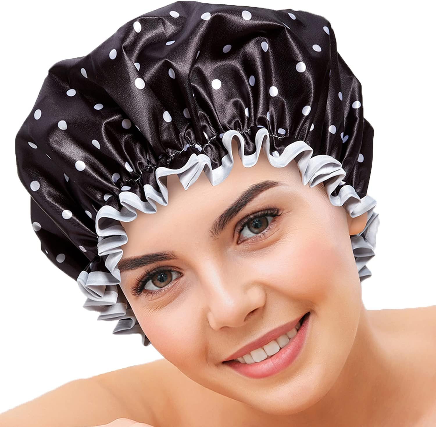 Bodylife Shower Cap Reusable Bath Cap Dual Layered Waterproof Mono Polka Dot 27Cm image number 1