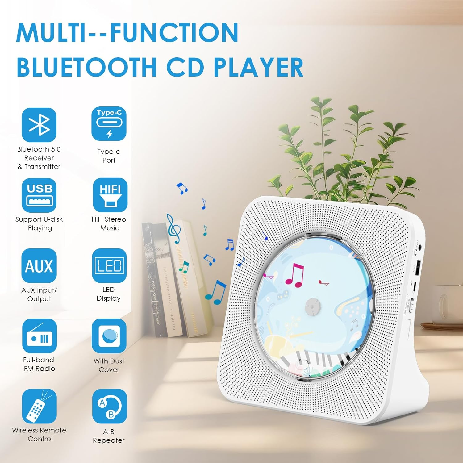 Qoosea CD Player Bluetooth Desktop CD Player with Speakers Portable CD Players for Home Kpop CD Player Bluetooth Receiver and Transmitter with LED Screen AUX Port FM Radio USB Port IR Remote Control