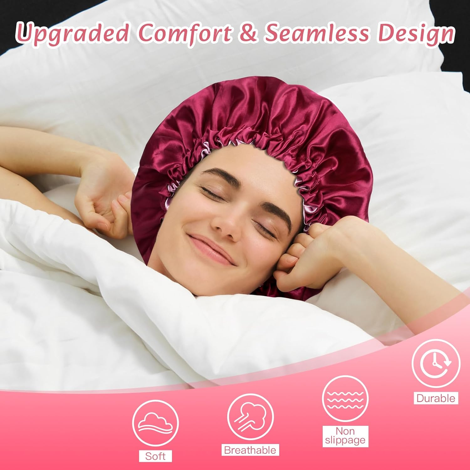 Euqvunn Pack of 2 Silk Bonnet for Sleeping, Adjustable Silk Sleep Cap with Wide Elastic Band, Double-Sided in Two Colours, Protection for Long/Straight/Curly Hair (Black Red) image number 6