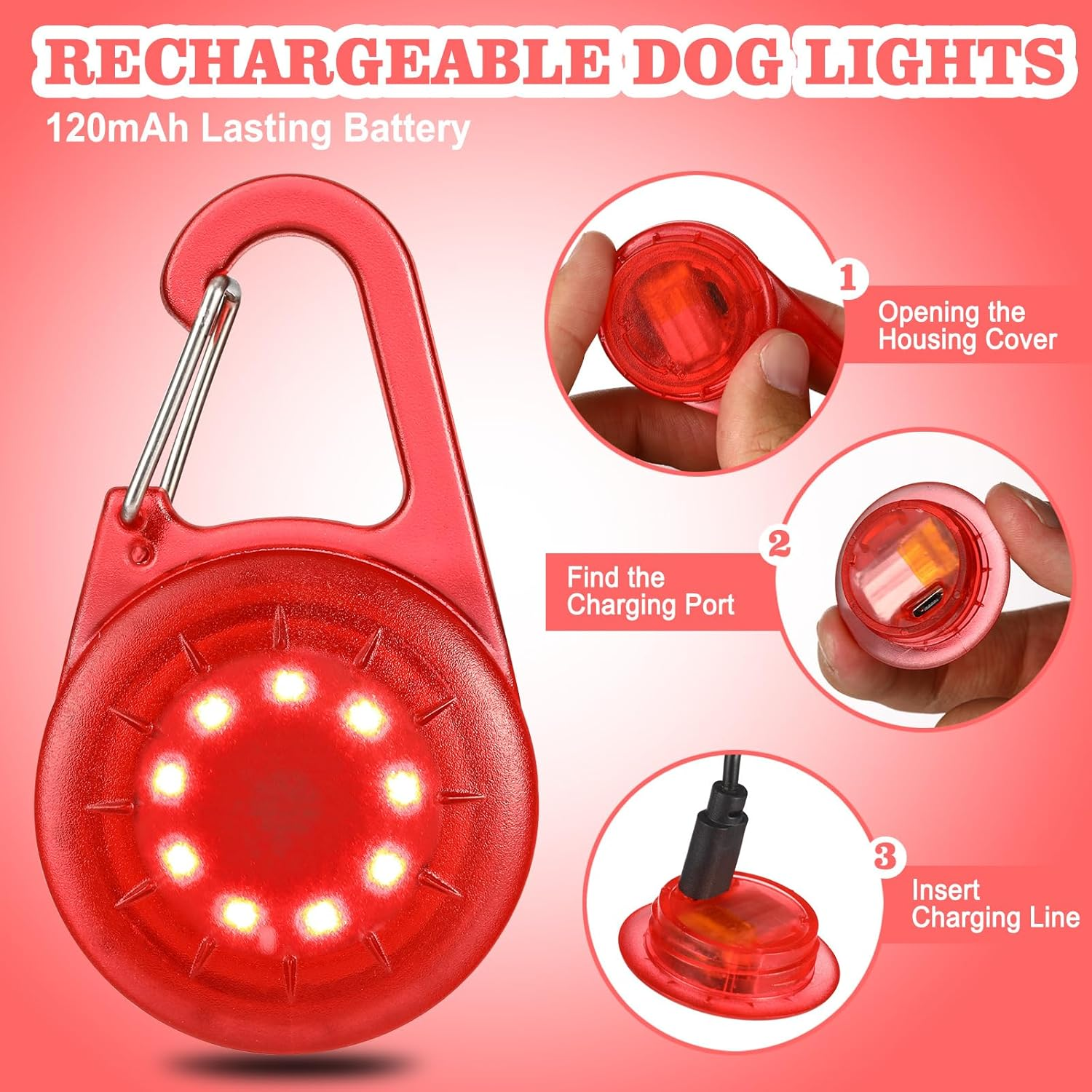 LED Dog Collar Lights IP68 Waterproof, USB Rechargeable Clip on with 6 Lighting Modes Safety Lights, Light up Lighted Dog Harness Light, Pets Safety Accessories Pendant for Night (2 Pack) (Red2) image number 5