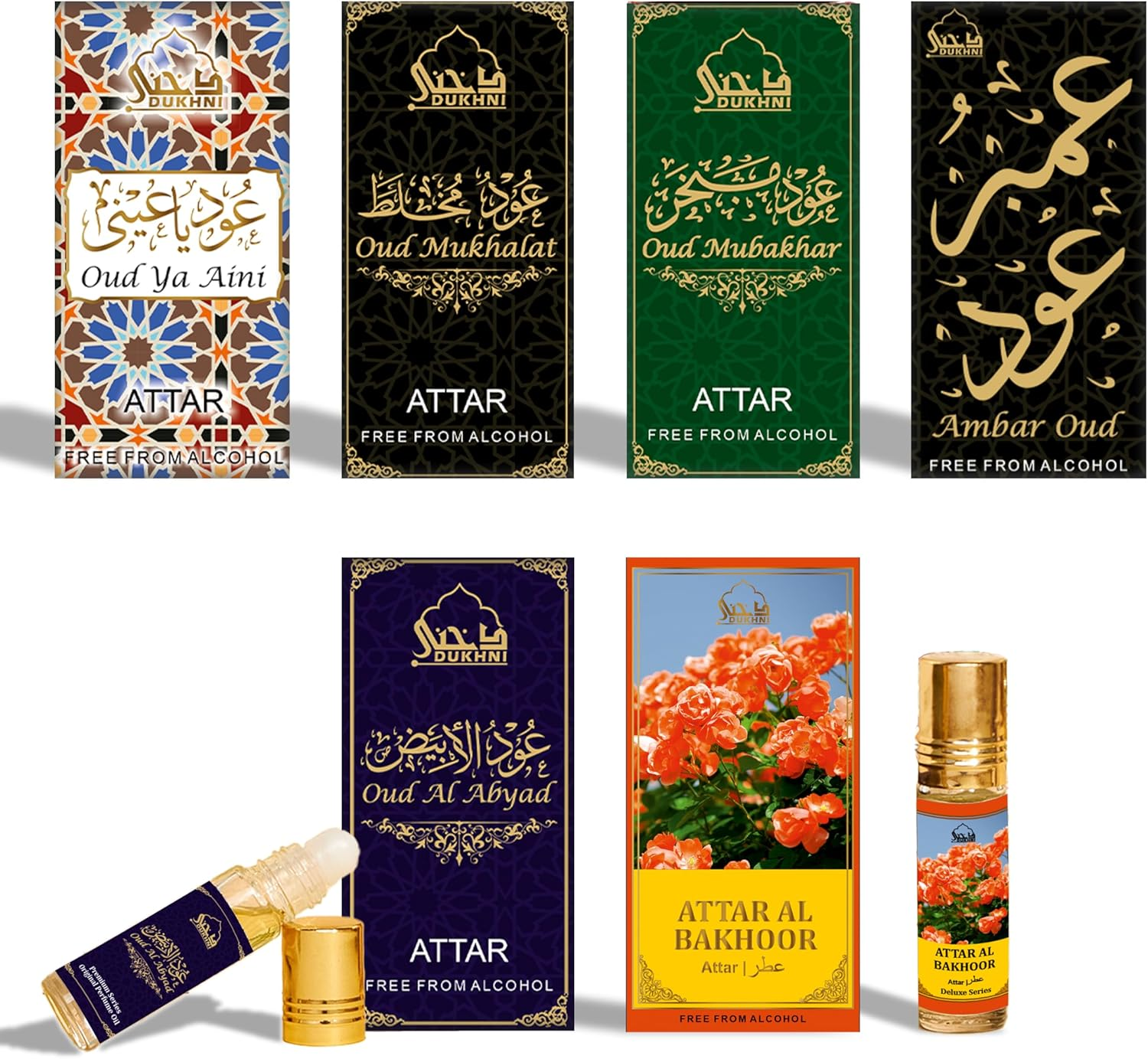 Dukhni Premiere Attar Oil Set | العطار العربي | Authentic Arabic Fragrance Oils | 100% Halal Blends, Ramadan Eid Gifting | Oud Ibtisam, Oud Khaleeji, Oud Habayeb, Kasturi XX, Ambar, Blue Girl -6Ml Each image number 5