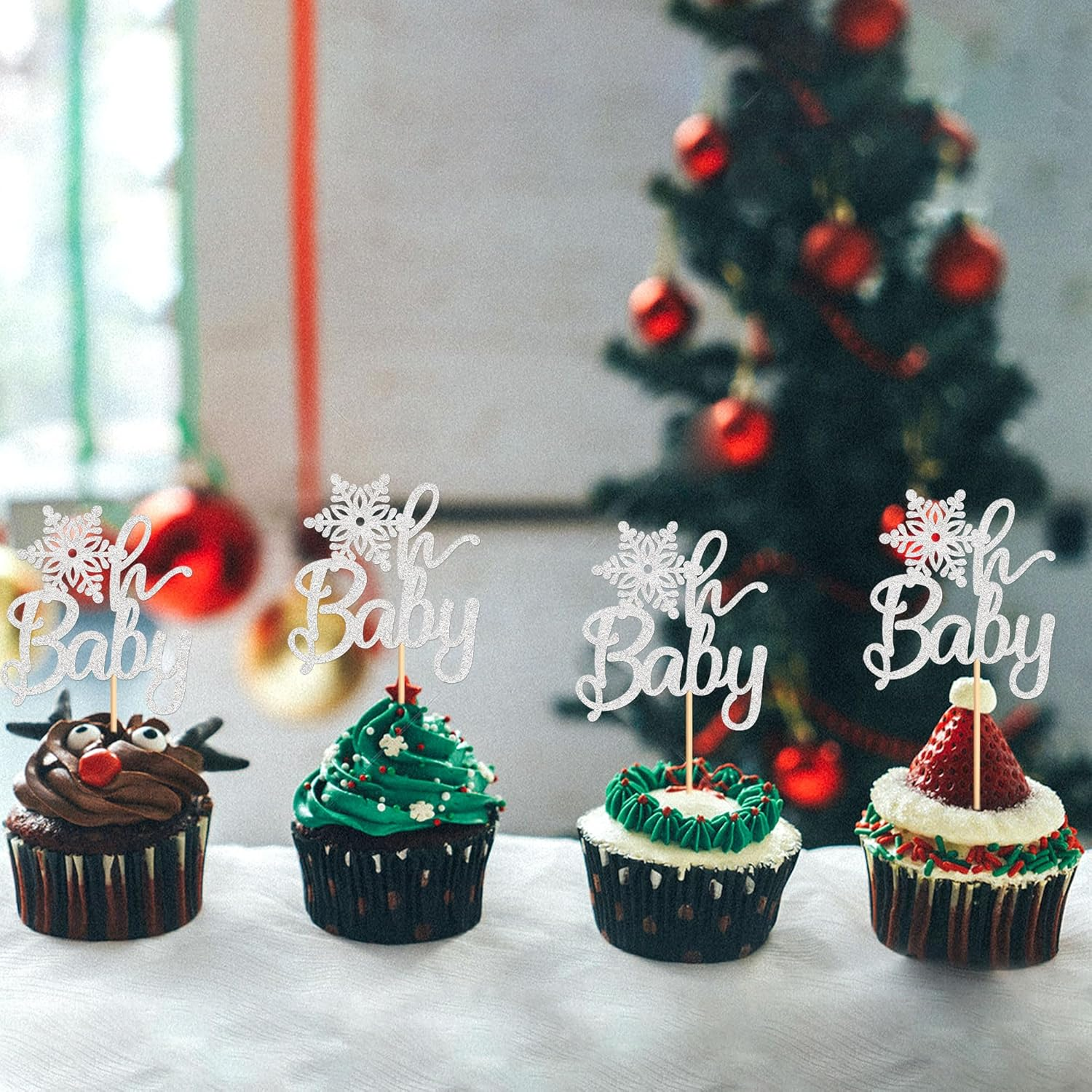 24 PCS Snowflake Cupcake Toppers Silver Glitter Winter Frozen Theme Cupcake Picks Baby Shower Kids Birthday Party Christmas Cake Decorations Supplies - Blue image number 5