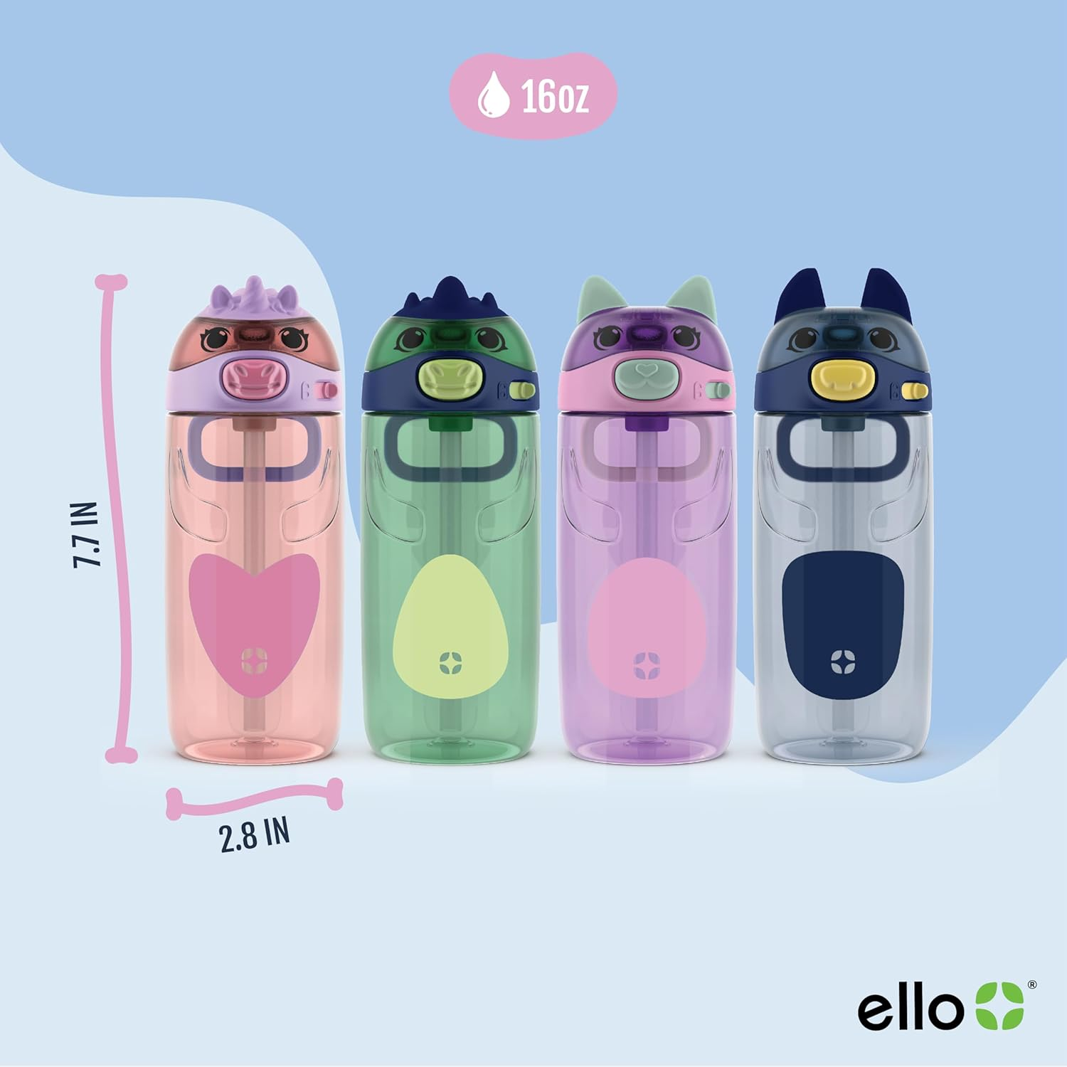 Ello Ellies 16Oz Plastic Kids Water Bottle with Straw and Built-In Carrying Handle and Leak-Proof Locking Lid for School Backpack, Lunchbox and Outdoor Sports, Dog - Cat image number 4