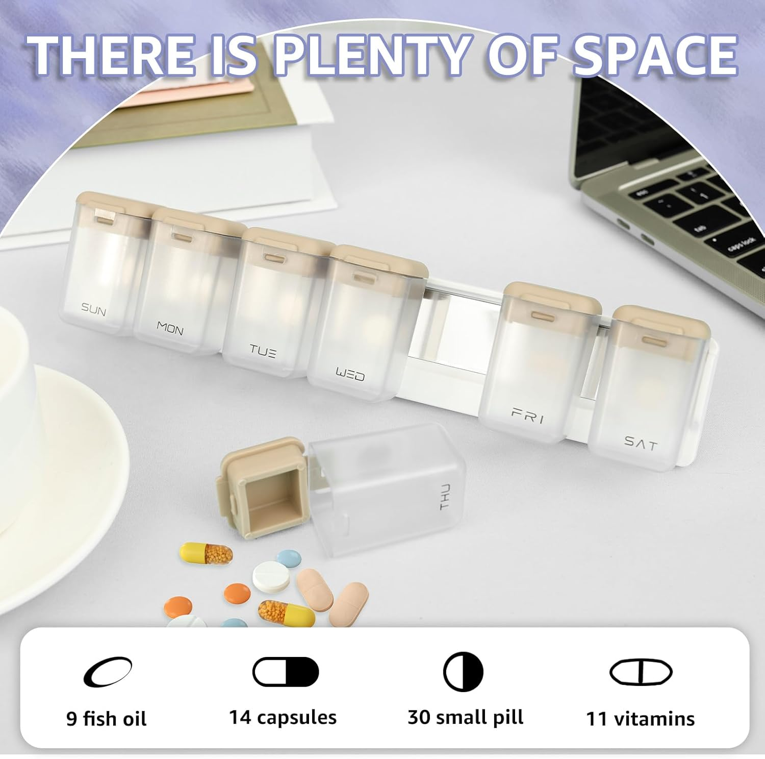 Weekly Pill Organizer with Sealed Lid, Magnetic Weekly Pill Dispenser Box for Fridge, Plastic Removable Large Capacity Pill Case for Supplement Vitamins Fish Oil (Grey) image number 5