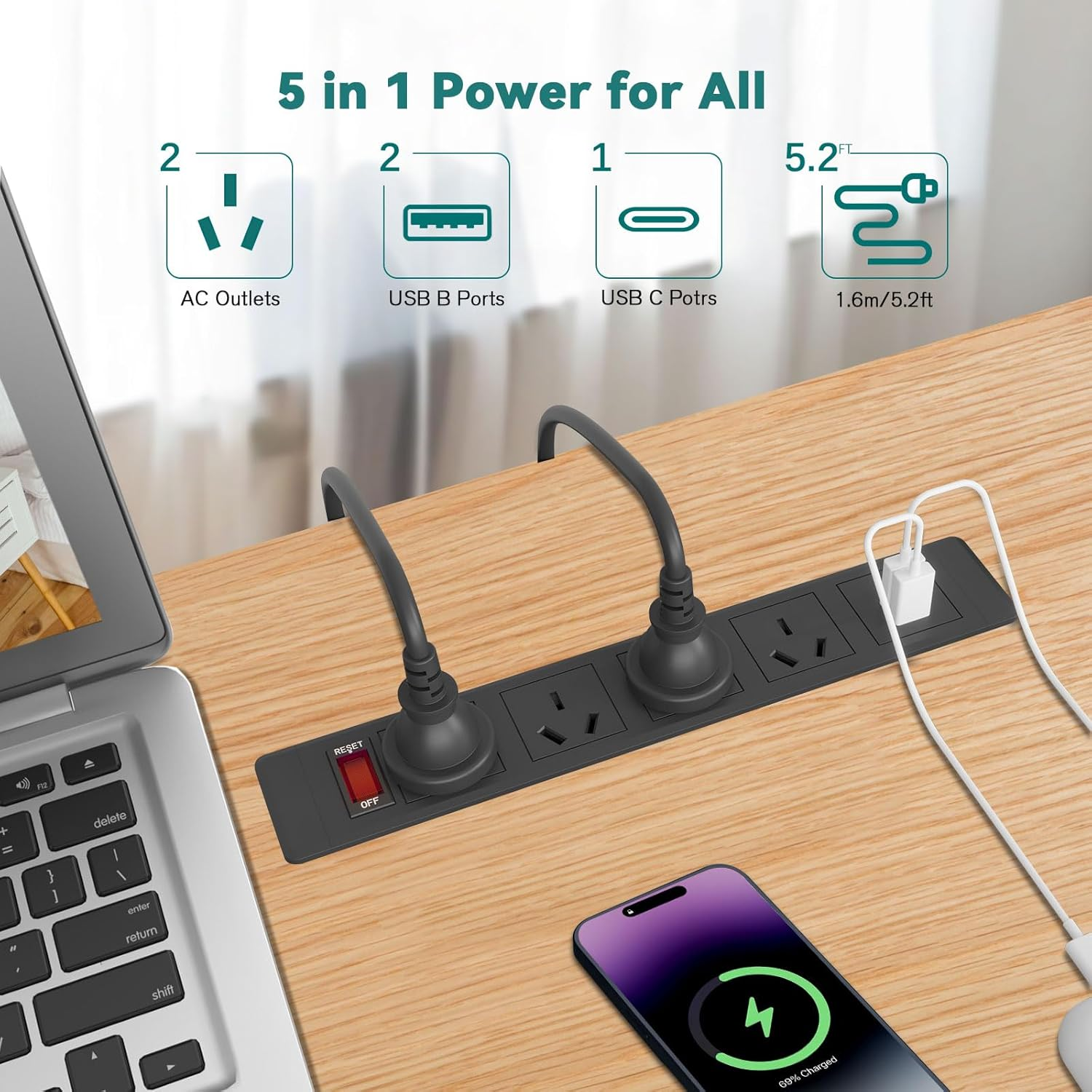 Flush Mount Recessed Power Outlet with 4 Plugs, 2 USB Ports, 1 USB-C, Switch, Standard Desk Charging Station Power Strip Recessed Power Strip USB C Compact Design for Furniture and Desktops, 2500W image number 3