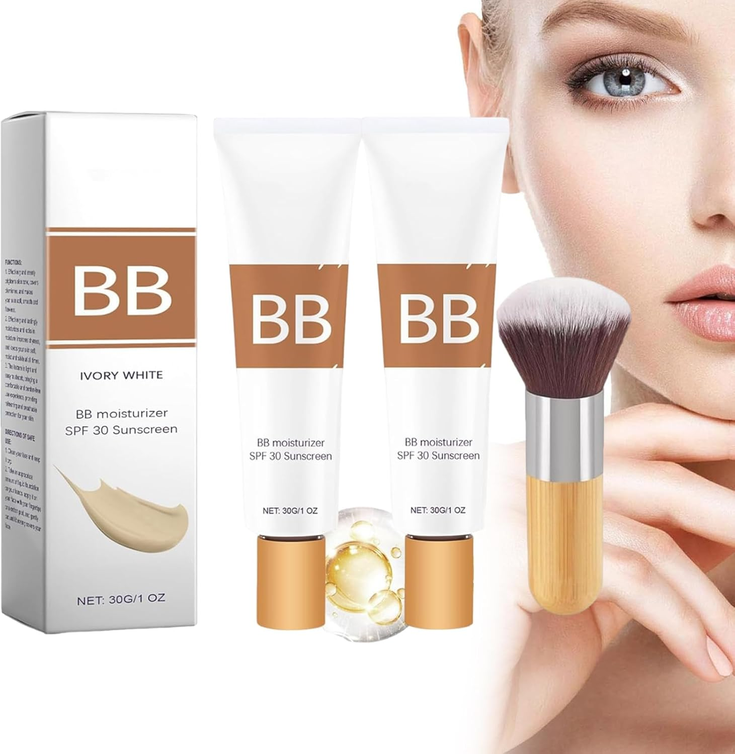 Bb Blur Tinted Moisturizer Spf 30, Bb Cream Tinted Moisturizer, Smooths Moisturizing Coverage Foundation Cream with Brush, Full Coverage, Oil-Free, Light, Hydrates (2Pcs-Natural)